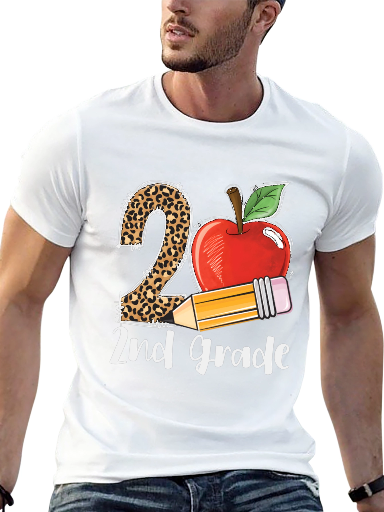 2nd Grade Teacher T-Shirt Apple Pencil Leopard Print
