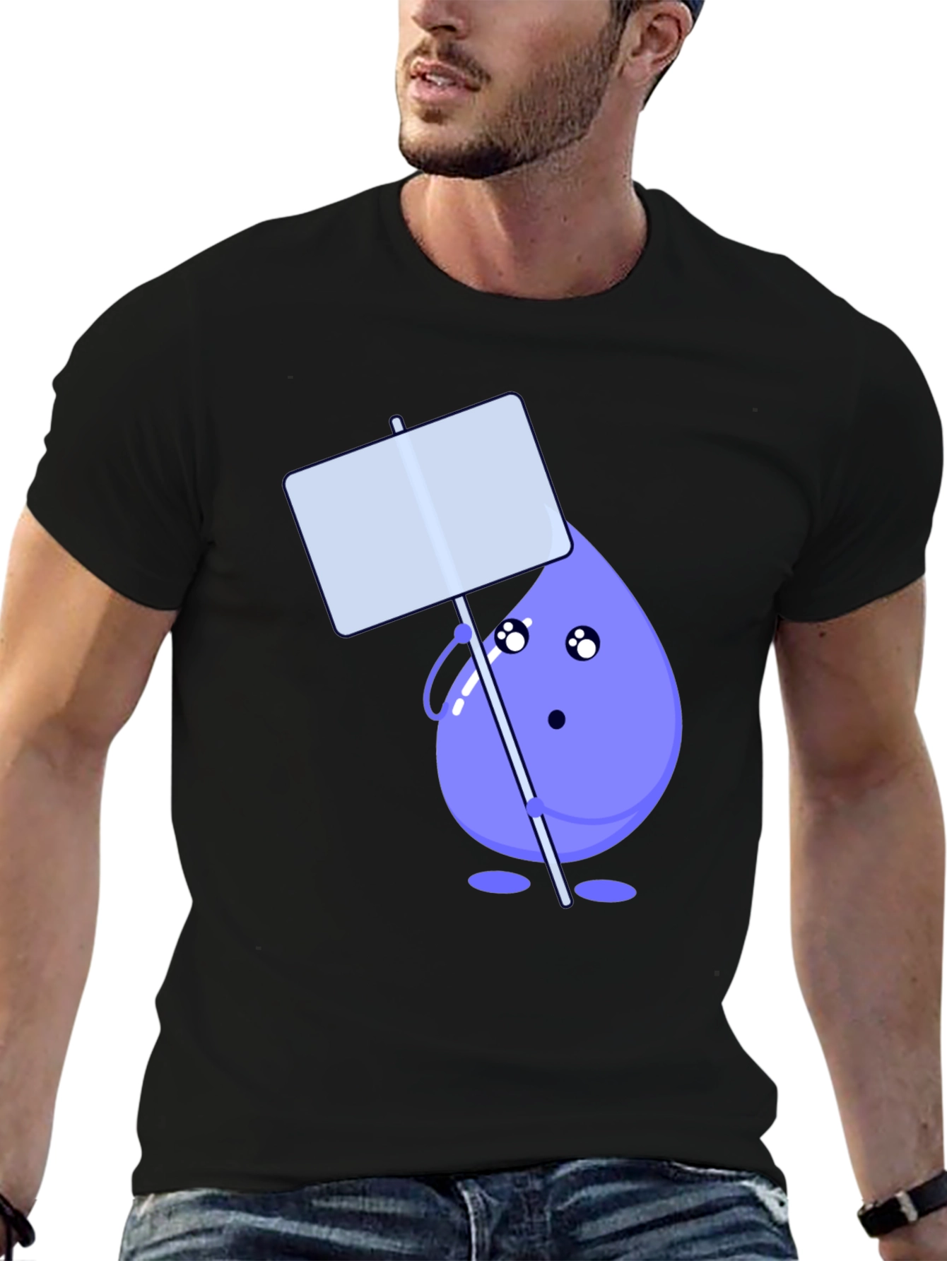 Cute Water Drop Holding Sign Black T-Shirt