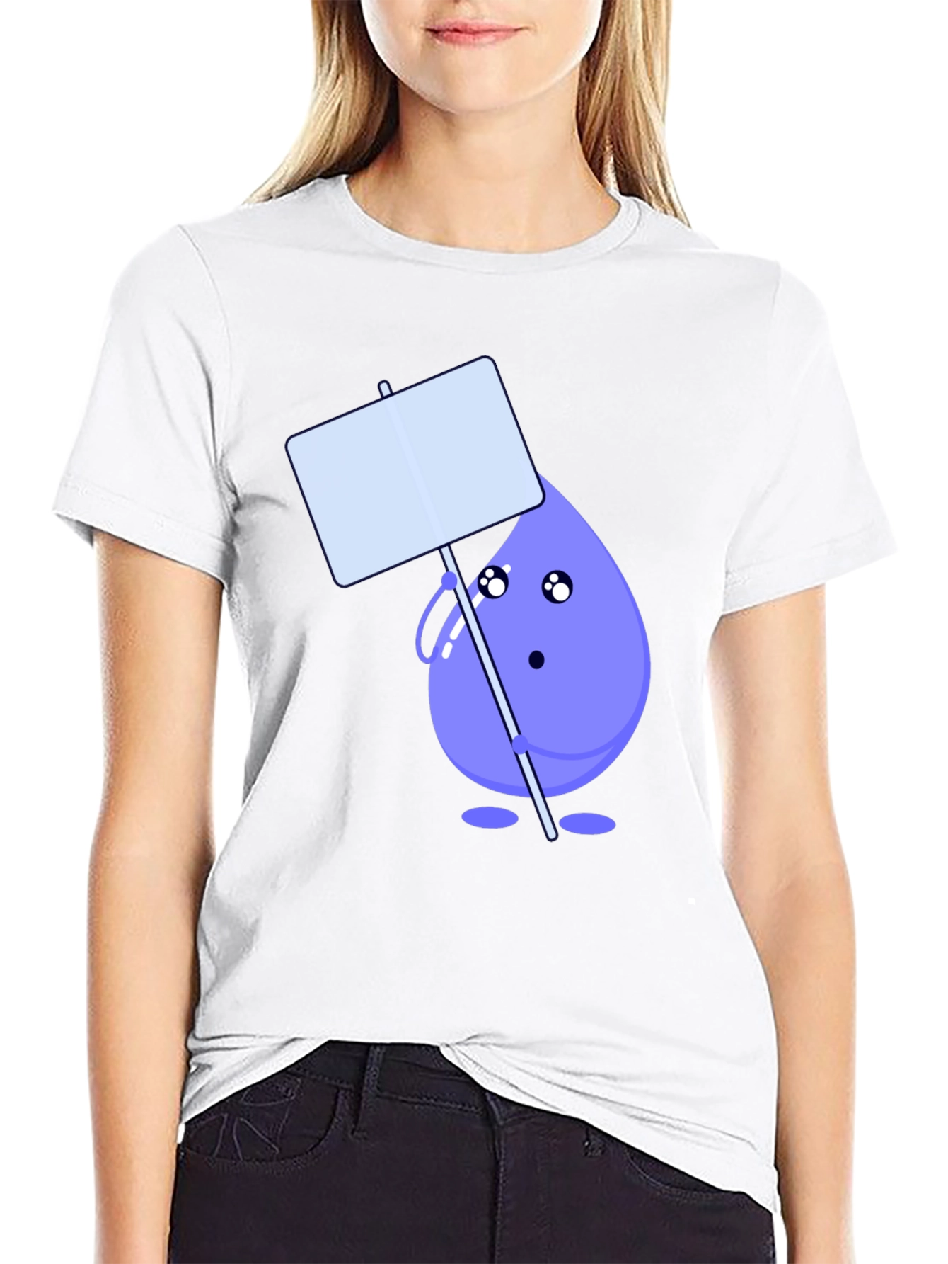 Cute Water Drop Holding Sign Black T-Shirt
