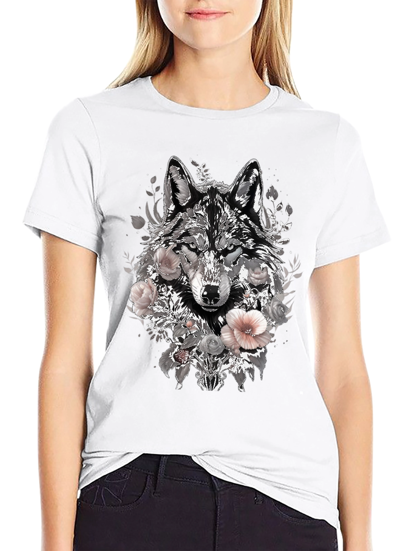 Floral Wolf Graphic Tee - Black