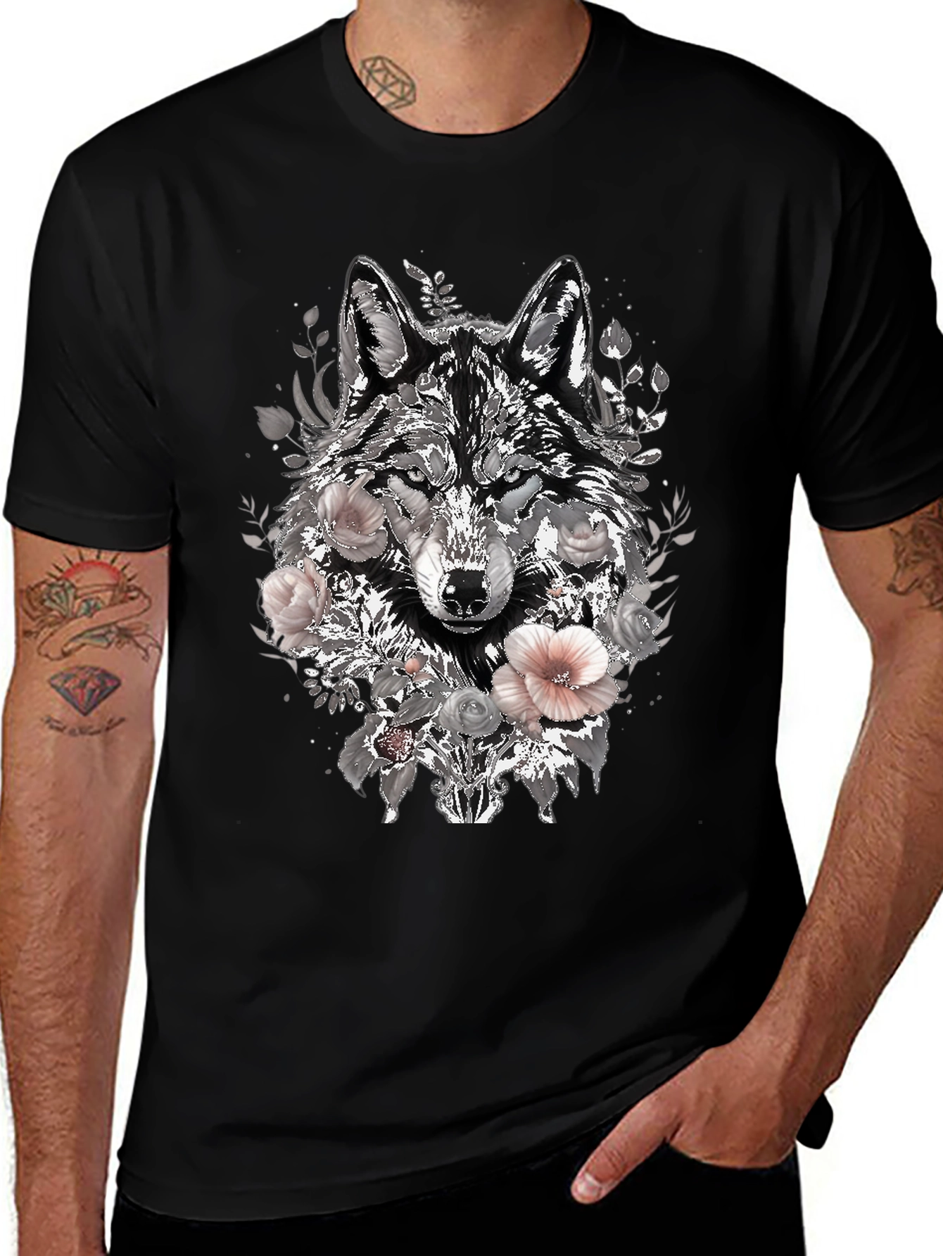 Floral Wolf Graphic Tee - Black