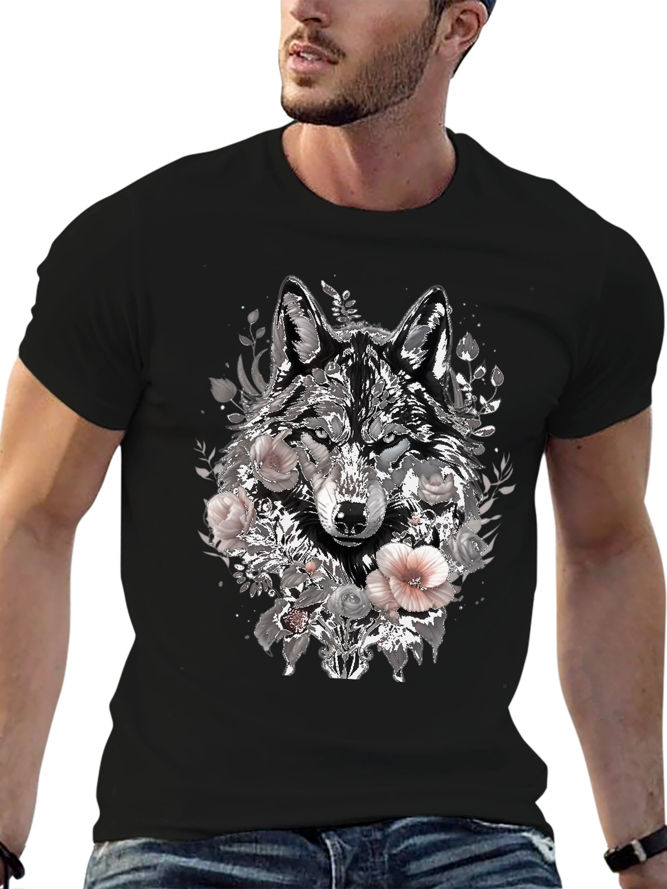 Floral Wolf Graphic Tee - Black
