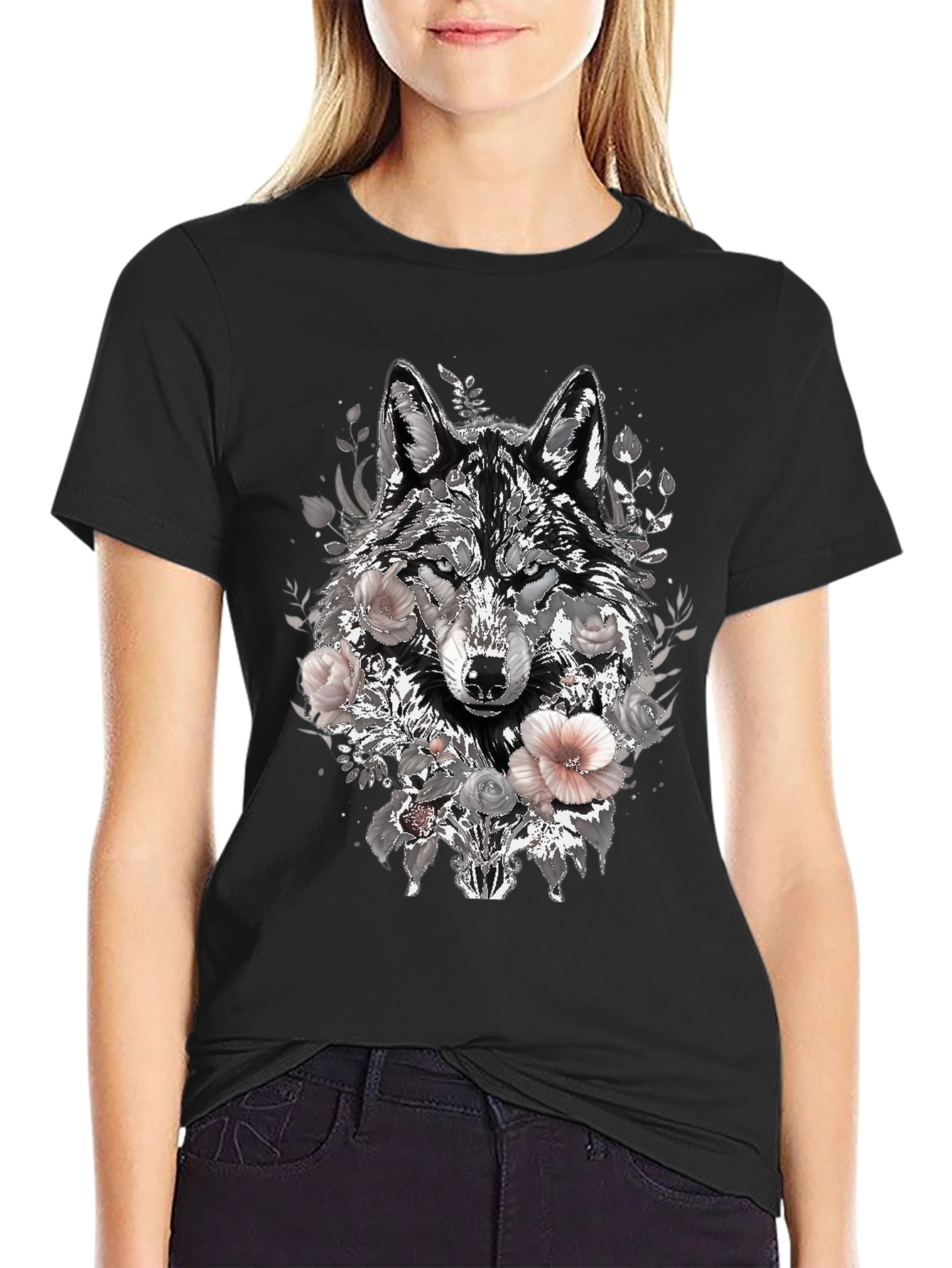 Floral Wolf Graphic Tee - Black