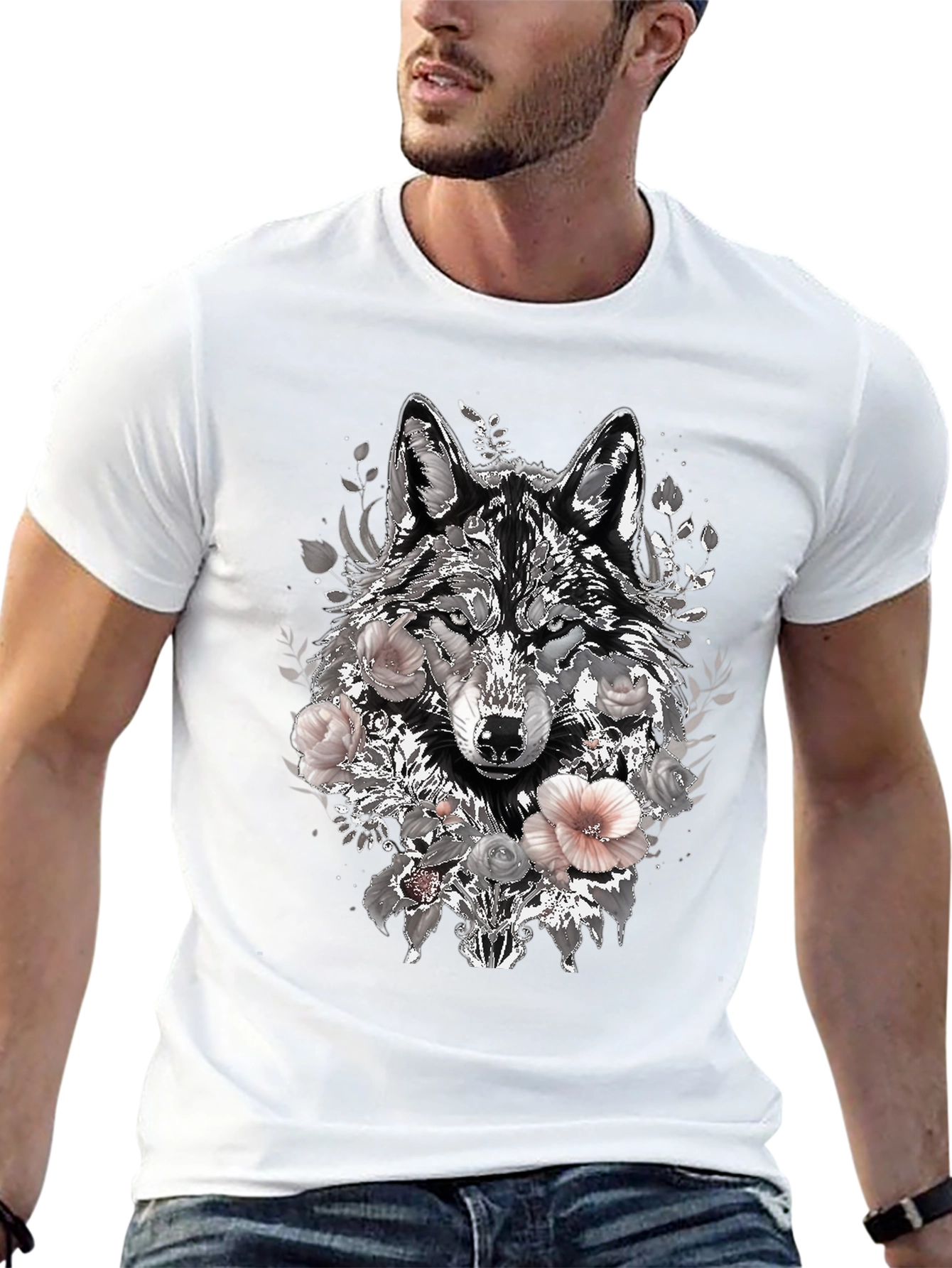 Floral Wolf Graphic Tee - Black