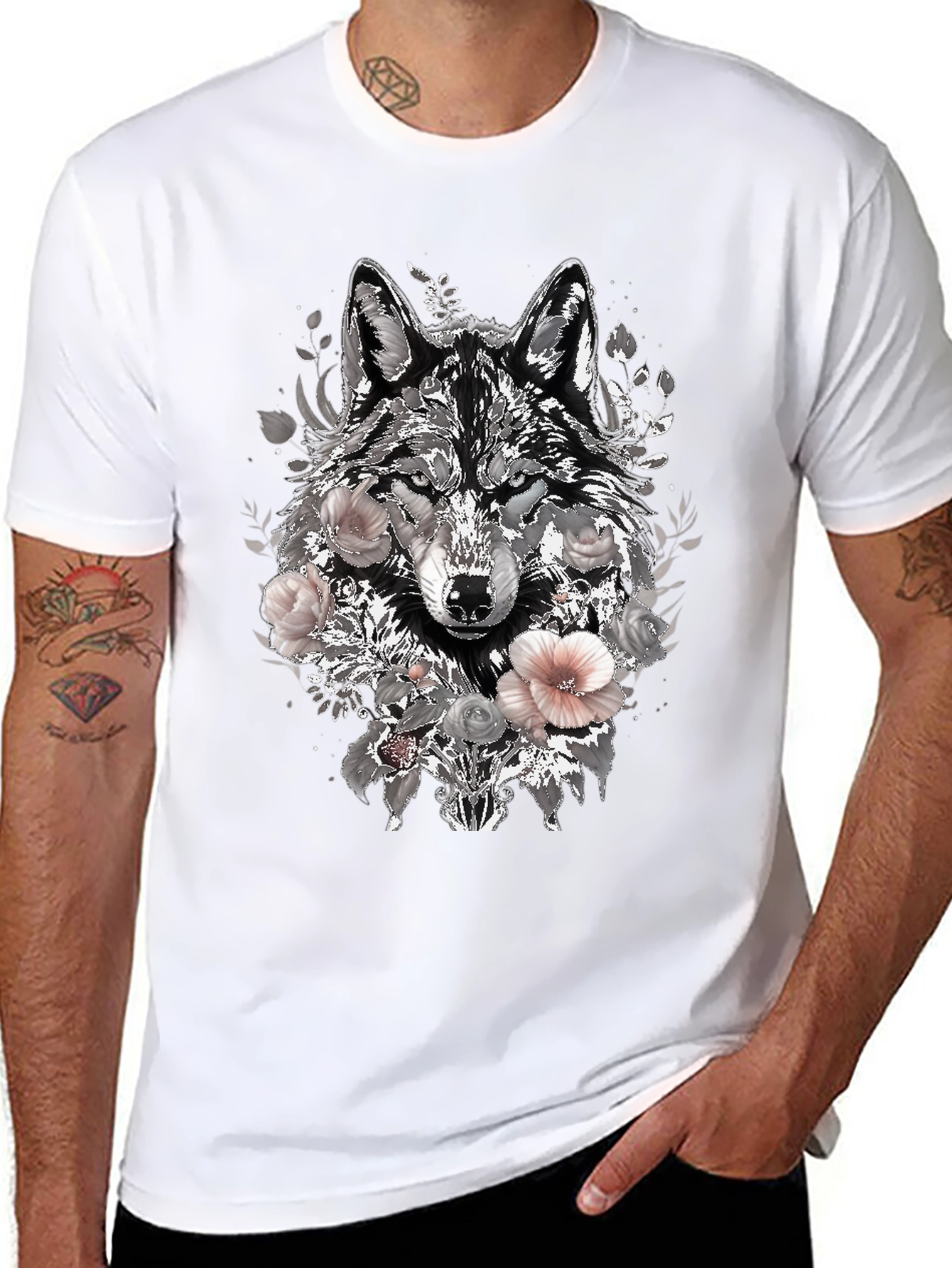 Floral Wolf Graphic Tee - Black
