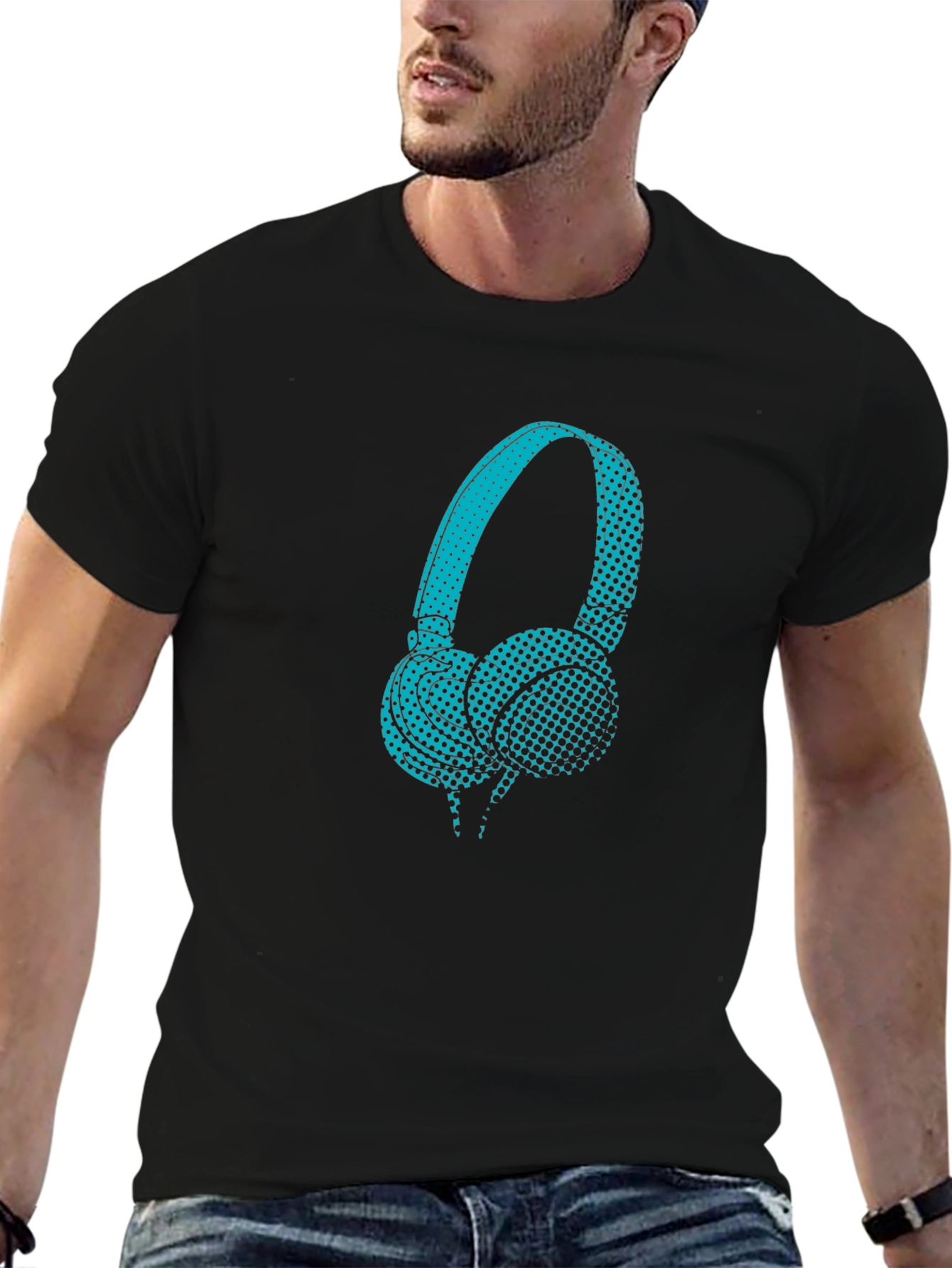 Graphic Teal Headphones Black T-Shirt