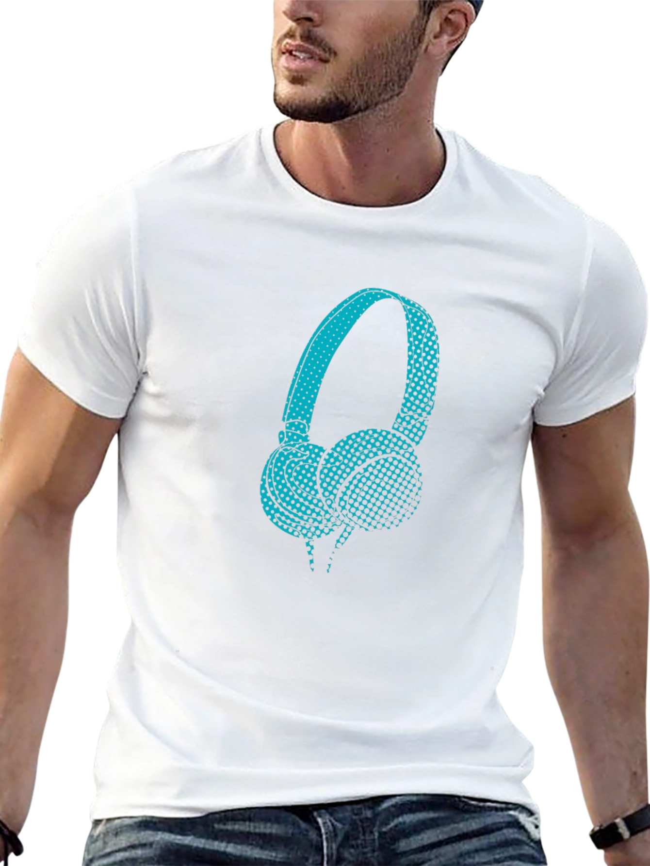 Graphic Teal Headphones Black T-Shirt