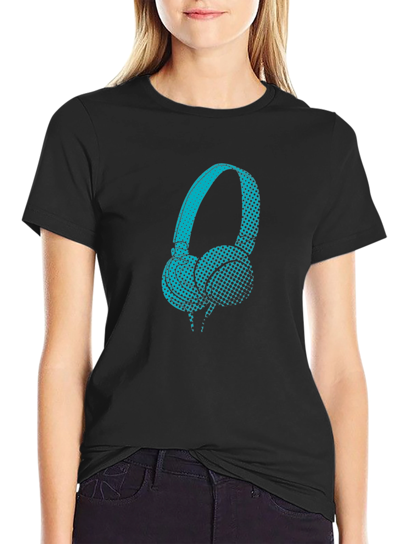 Graphic Teal Headphones Black T-Shirt