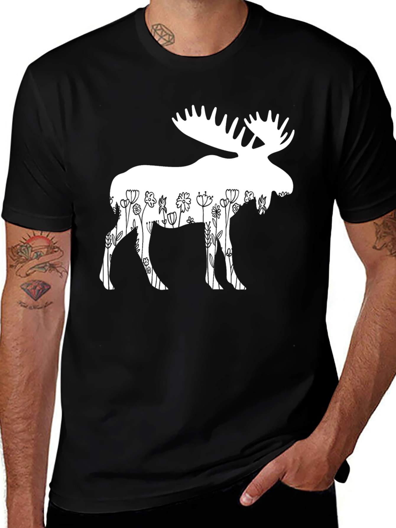 Floral Moose Graphic T-Shirt - Black