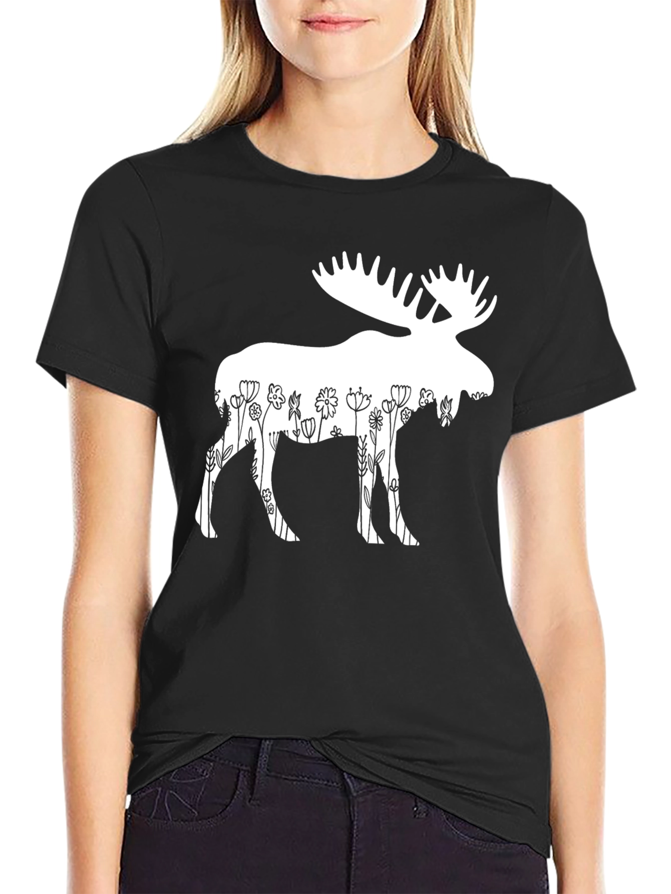 Floral Moose Graphic T-Shirt - Black