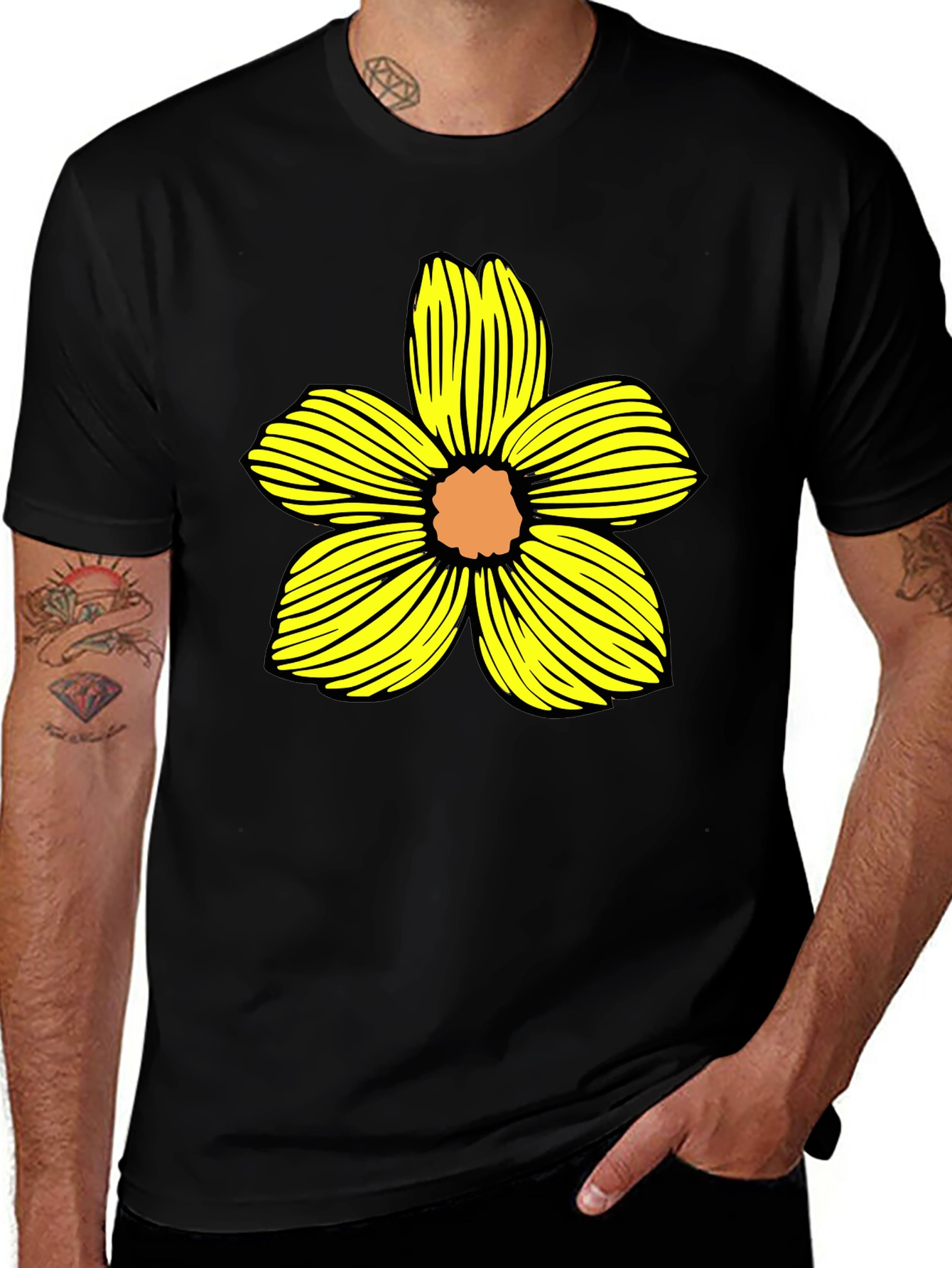 Black T-Shirt with Yellow Flower Graphic
