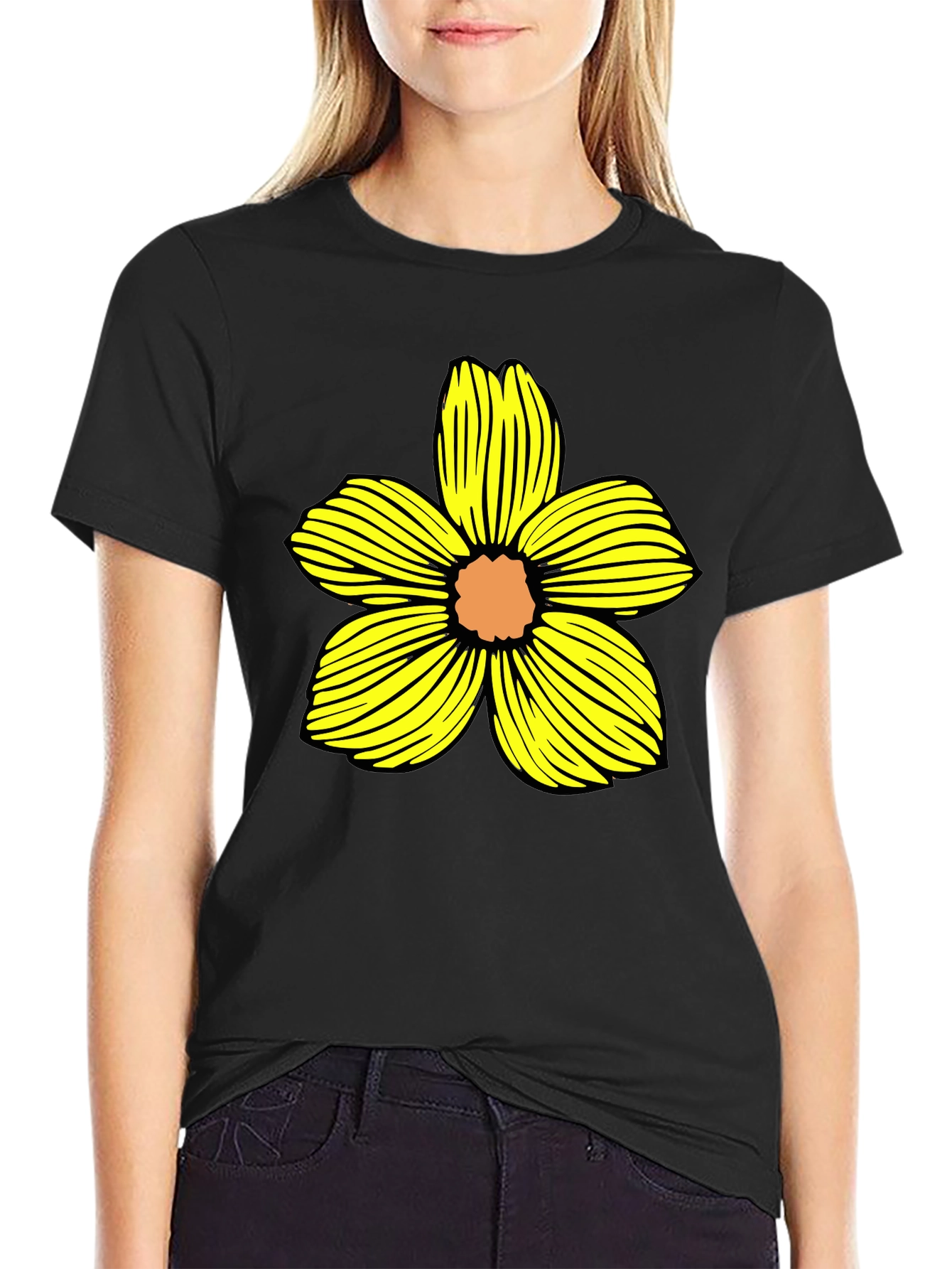 Black T-Shirt with Yellow Flower Graphic
