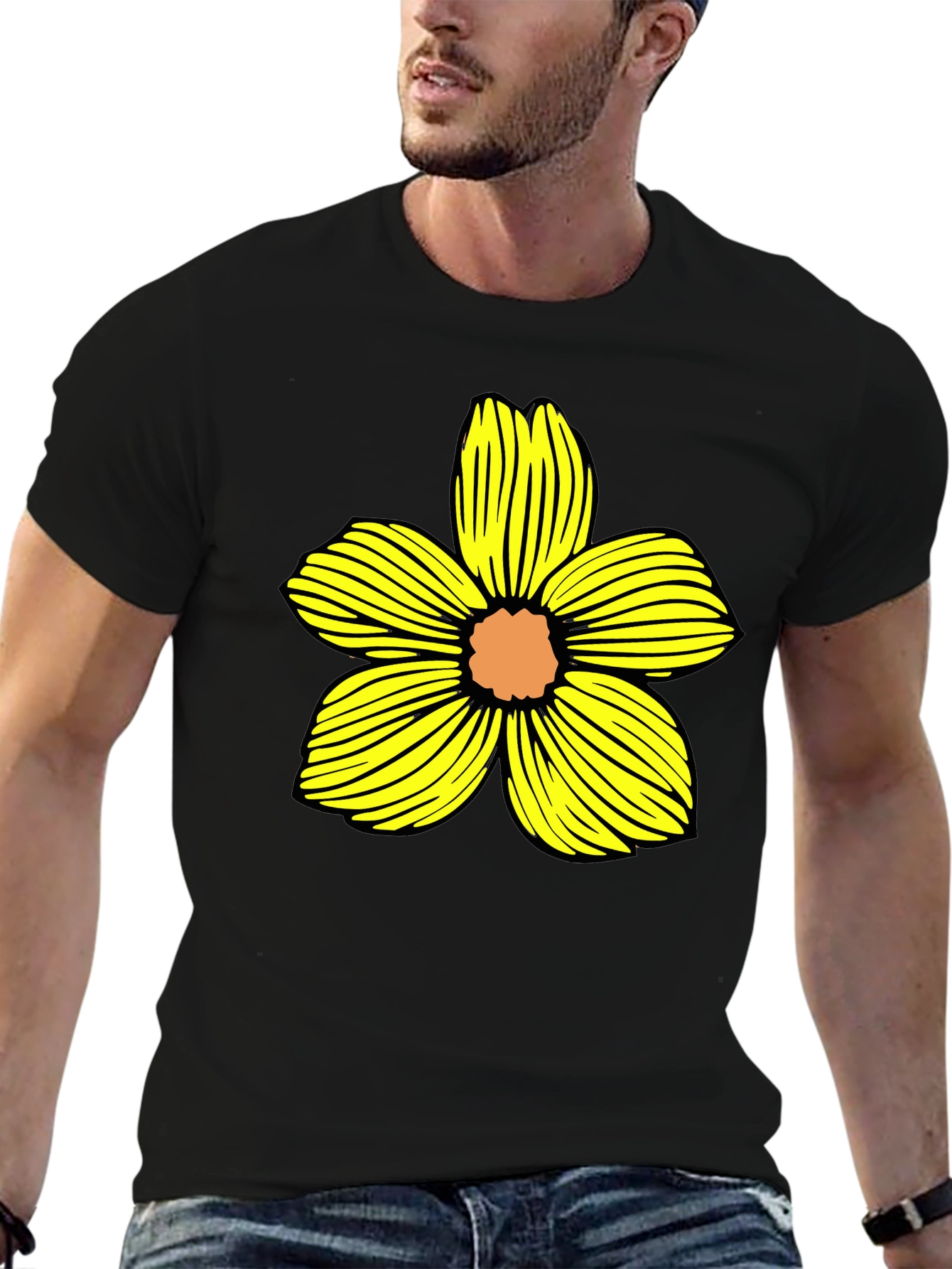 Black T-Shirt with Yellow Flower Graphic
