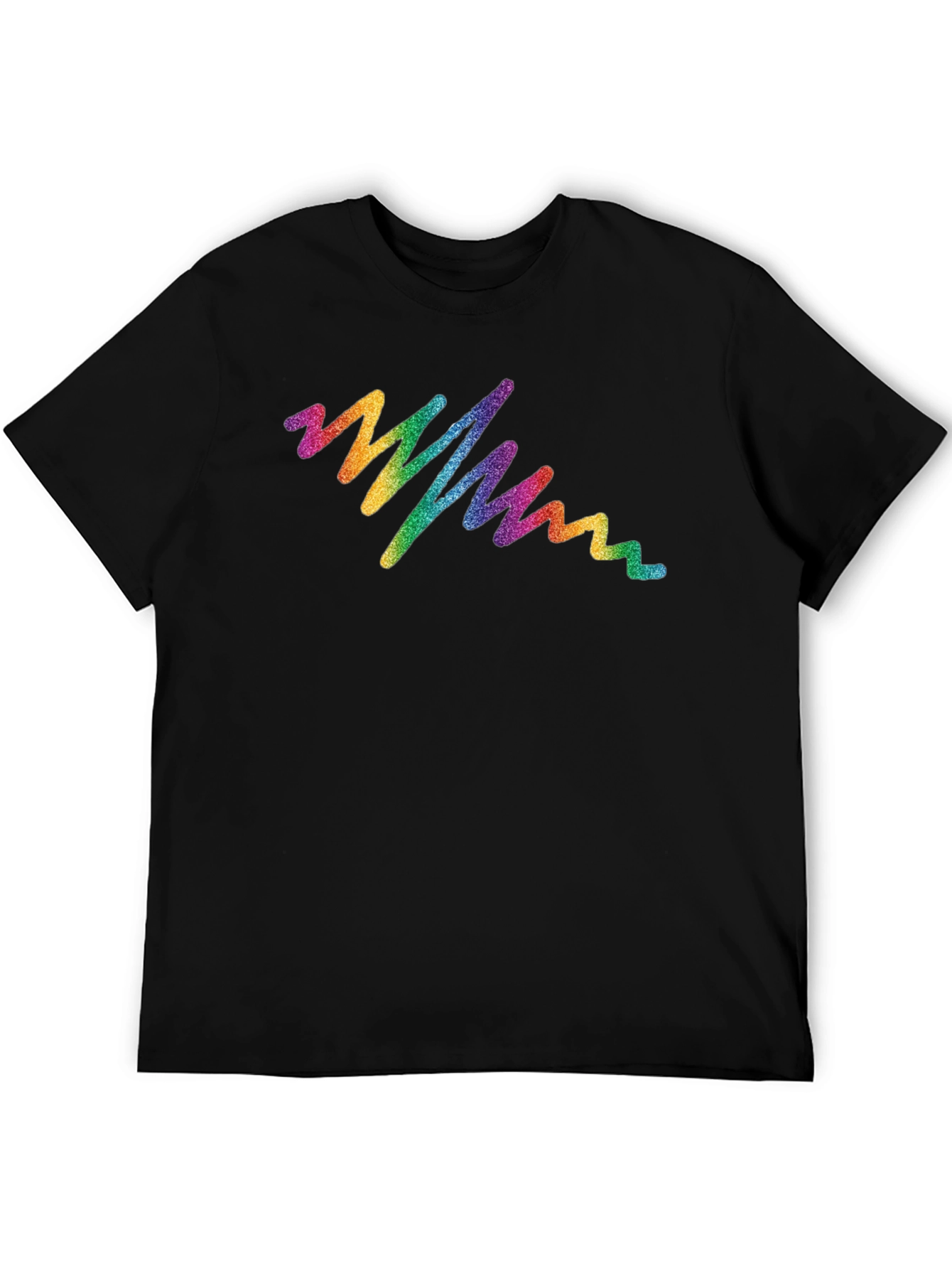 Rainbow Glitter Wave Graphic Tee - Black Cotton T-Shirt