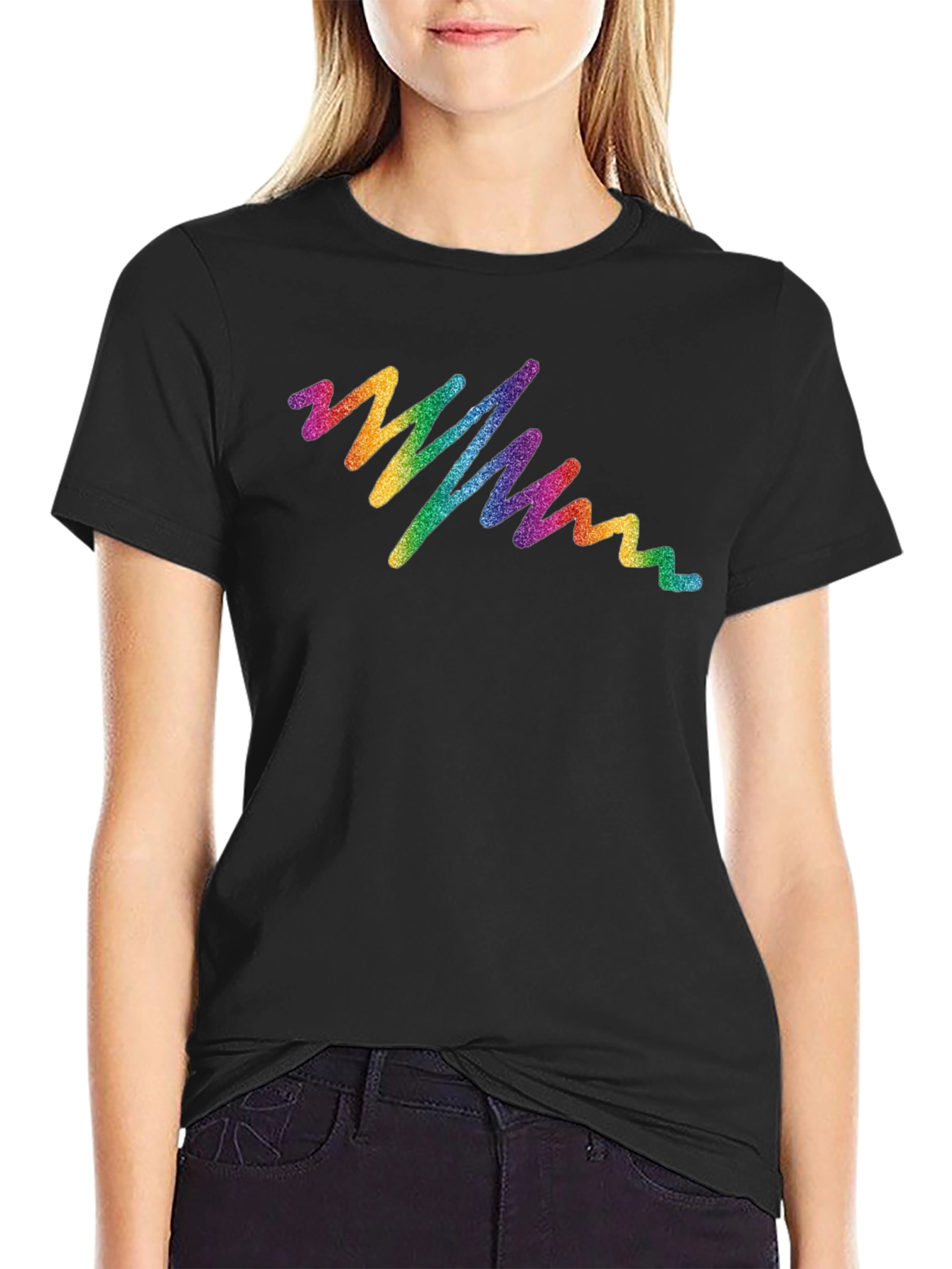 Rainbow Glitter Wave Graphic Tee - Black Cotton T-Shirt