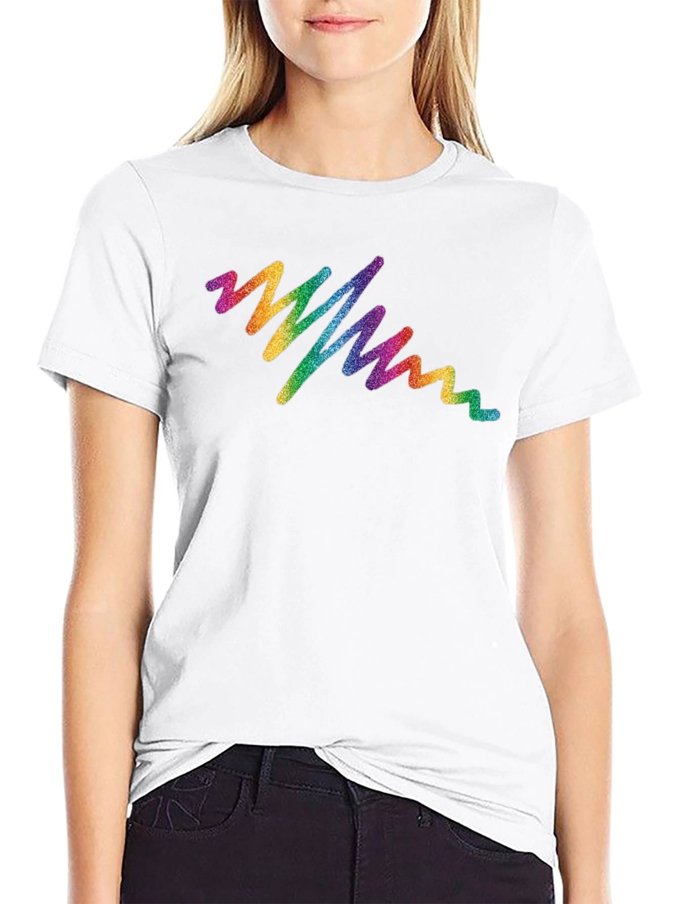 Rainbow Glitter Wave Graphic Tee - Black Cotton T-Shirt