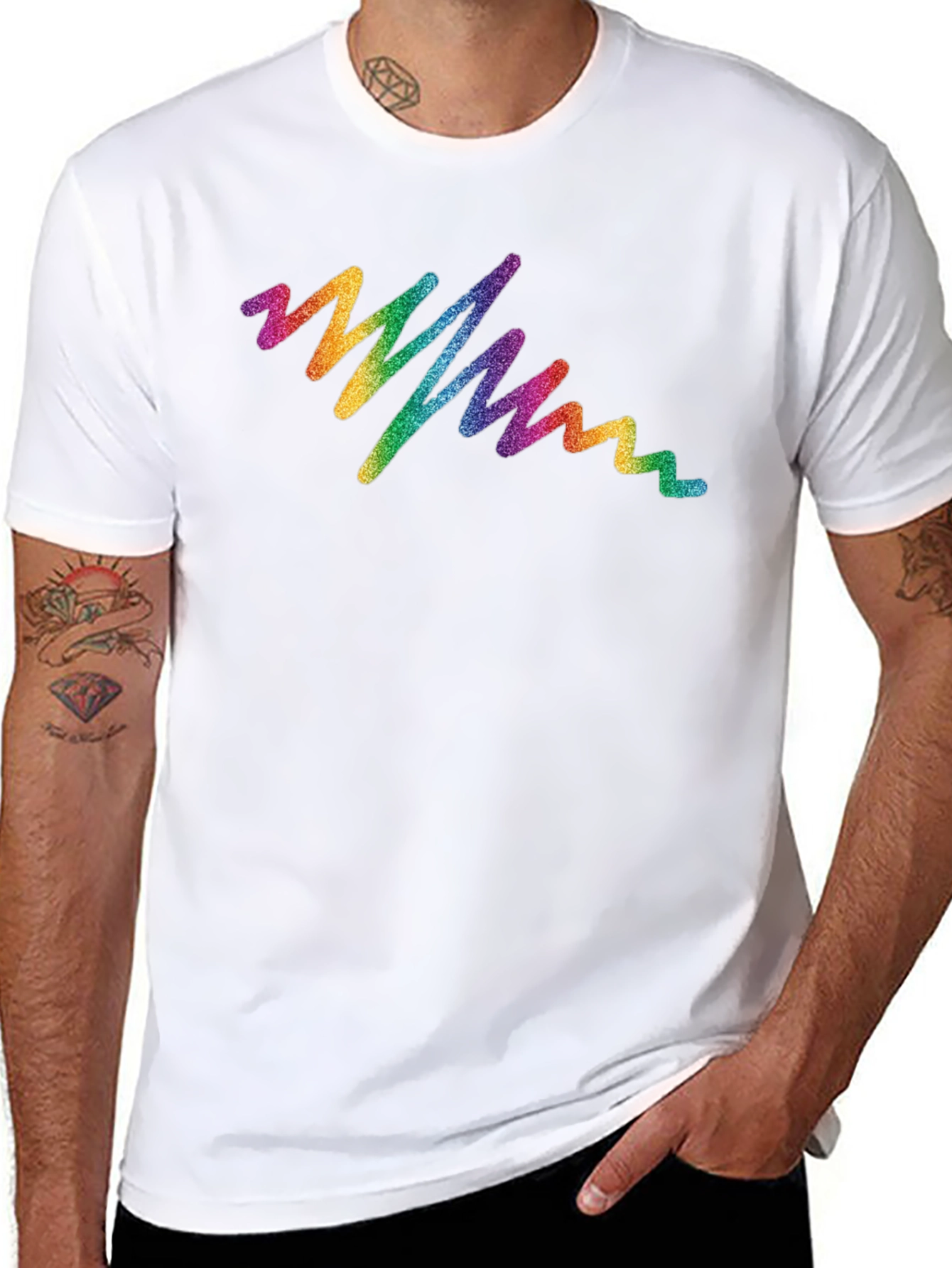 Rainbow Glitter Wave Graphic Tee - Black Cotton T-Shirt