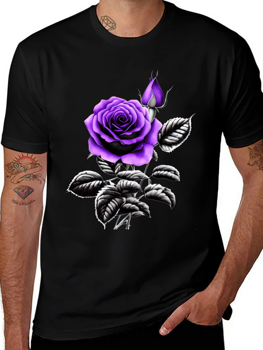Black T-Shirt with Purple Rose Graphic
