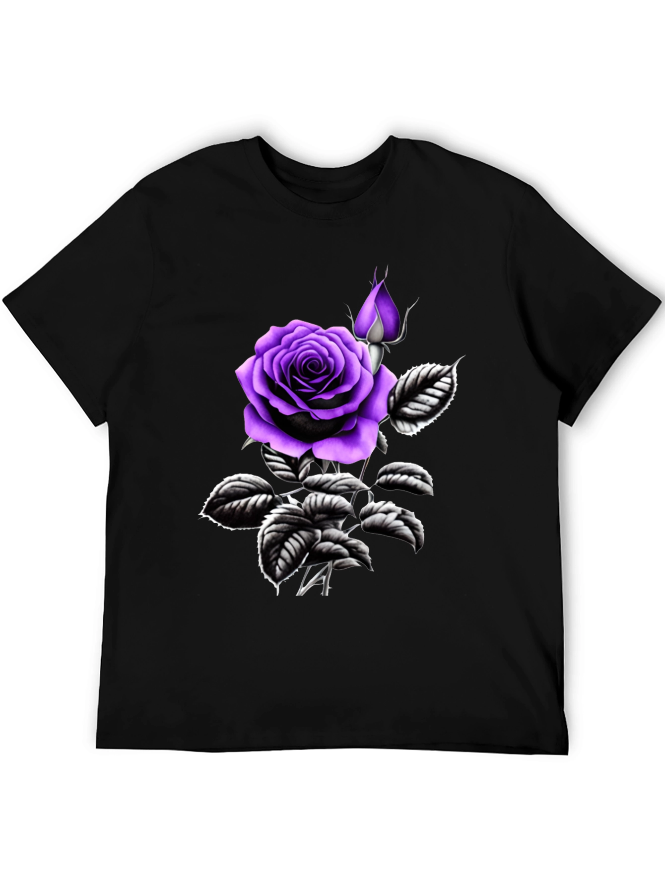 Black T-Shirt with Purple Rose Graphic