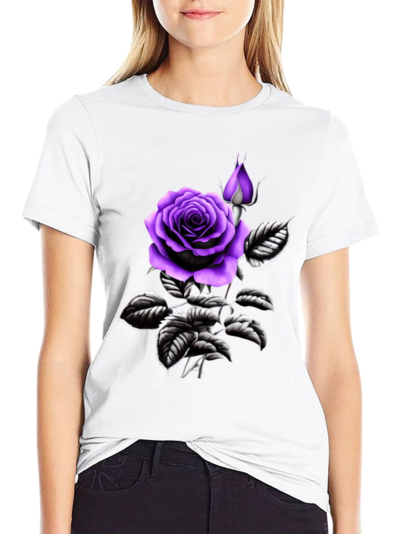 Black T-Shirt with Purple Rose Graphic