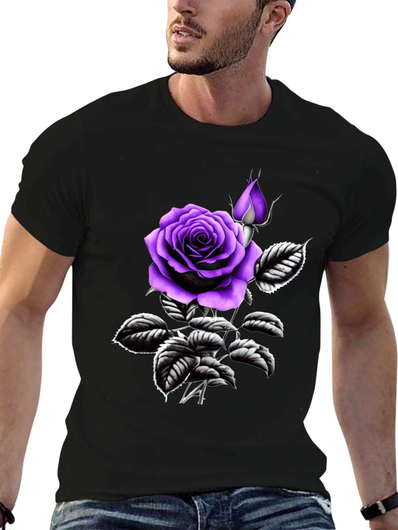 Black T-Shirt with Purple Rose Graphic