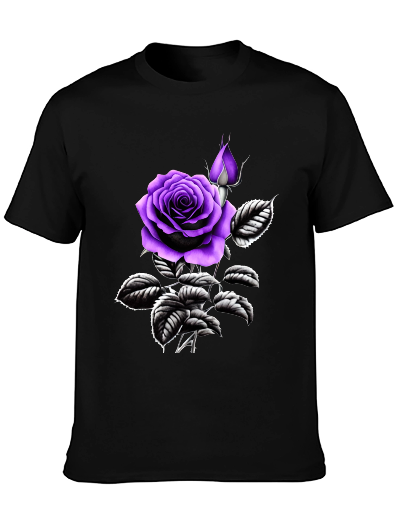 Black T-Shirt with Purple Rose Graphic