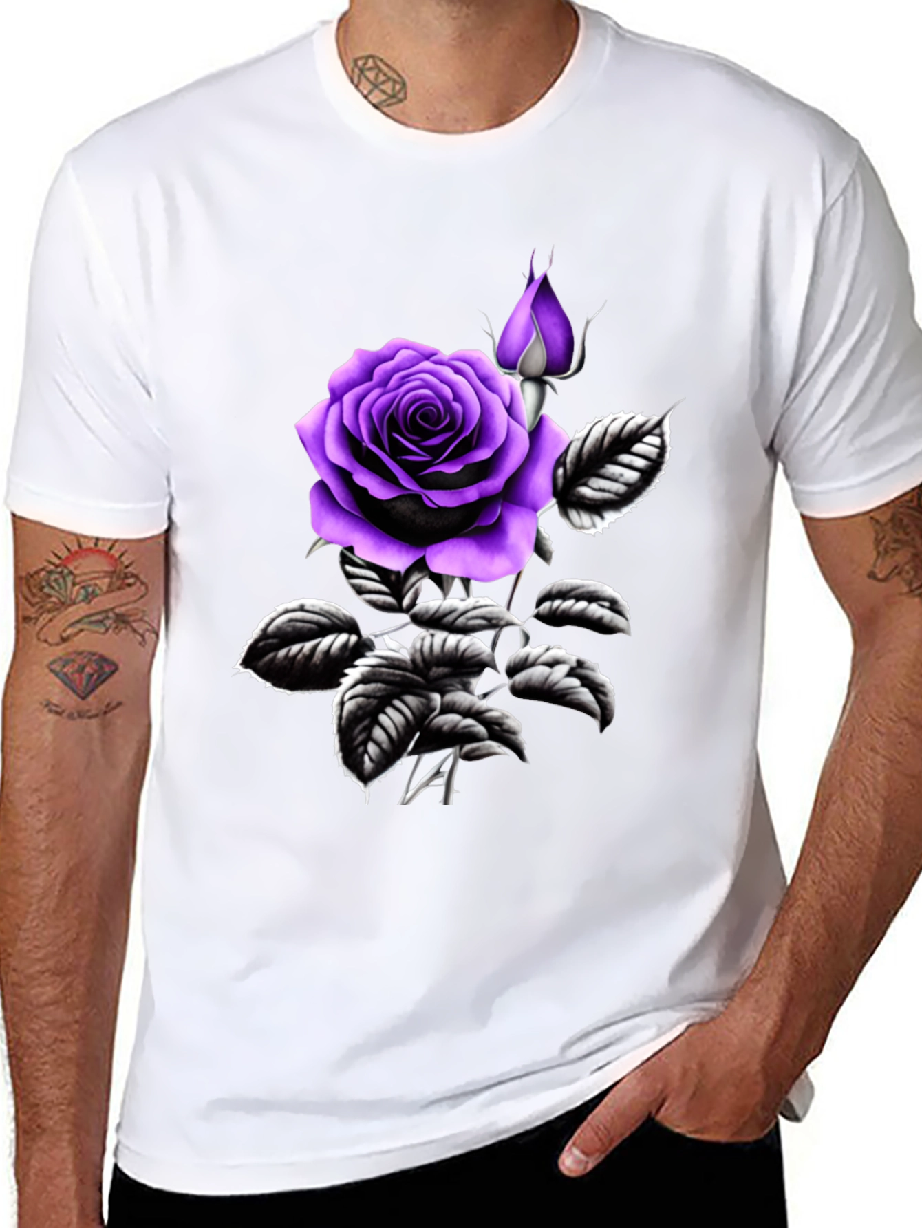 Black T-Shirt with Purple Rose Graphic