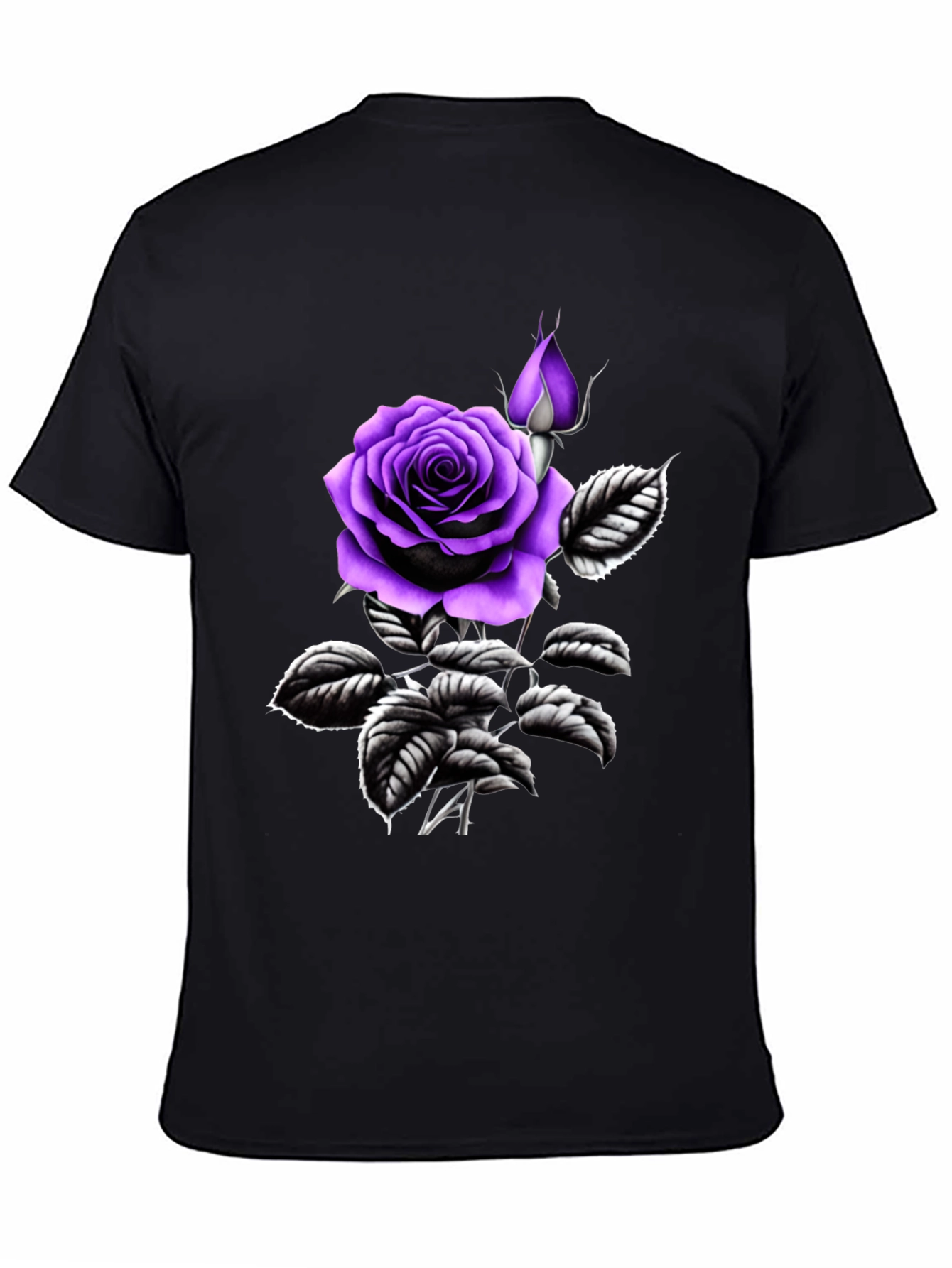 Black T-Shirt with Purple Rose Graphic