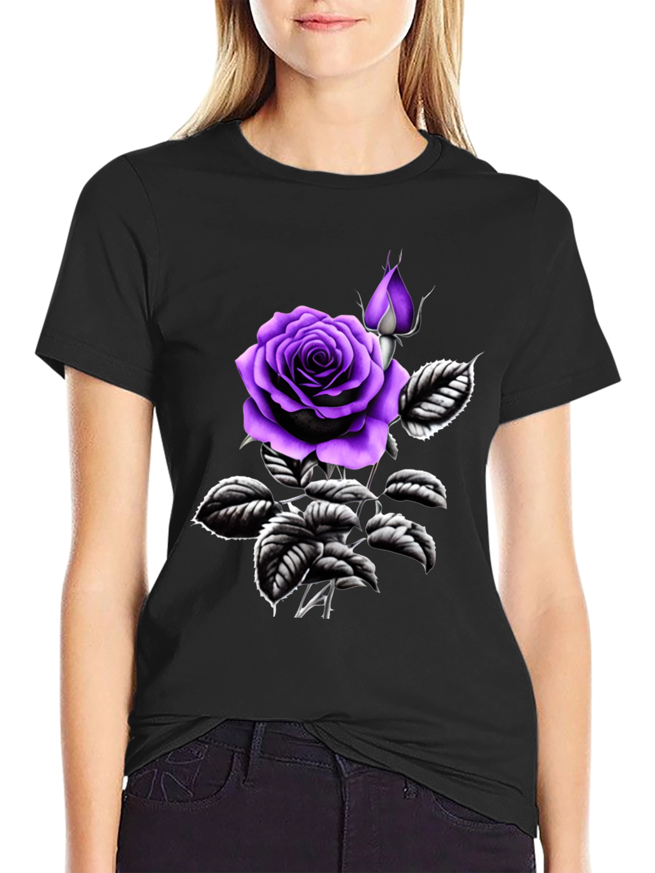 Black T-Shirt with Purple Rose Graphic