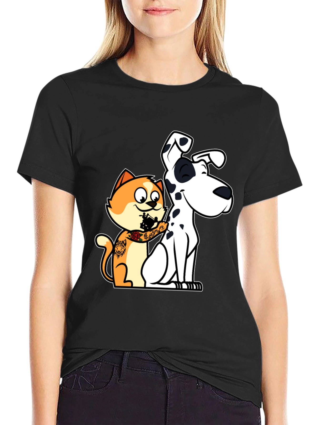 Cat Tattooing Dog Graphic T-Shirt