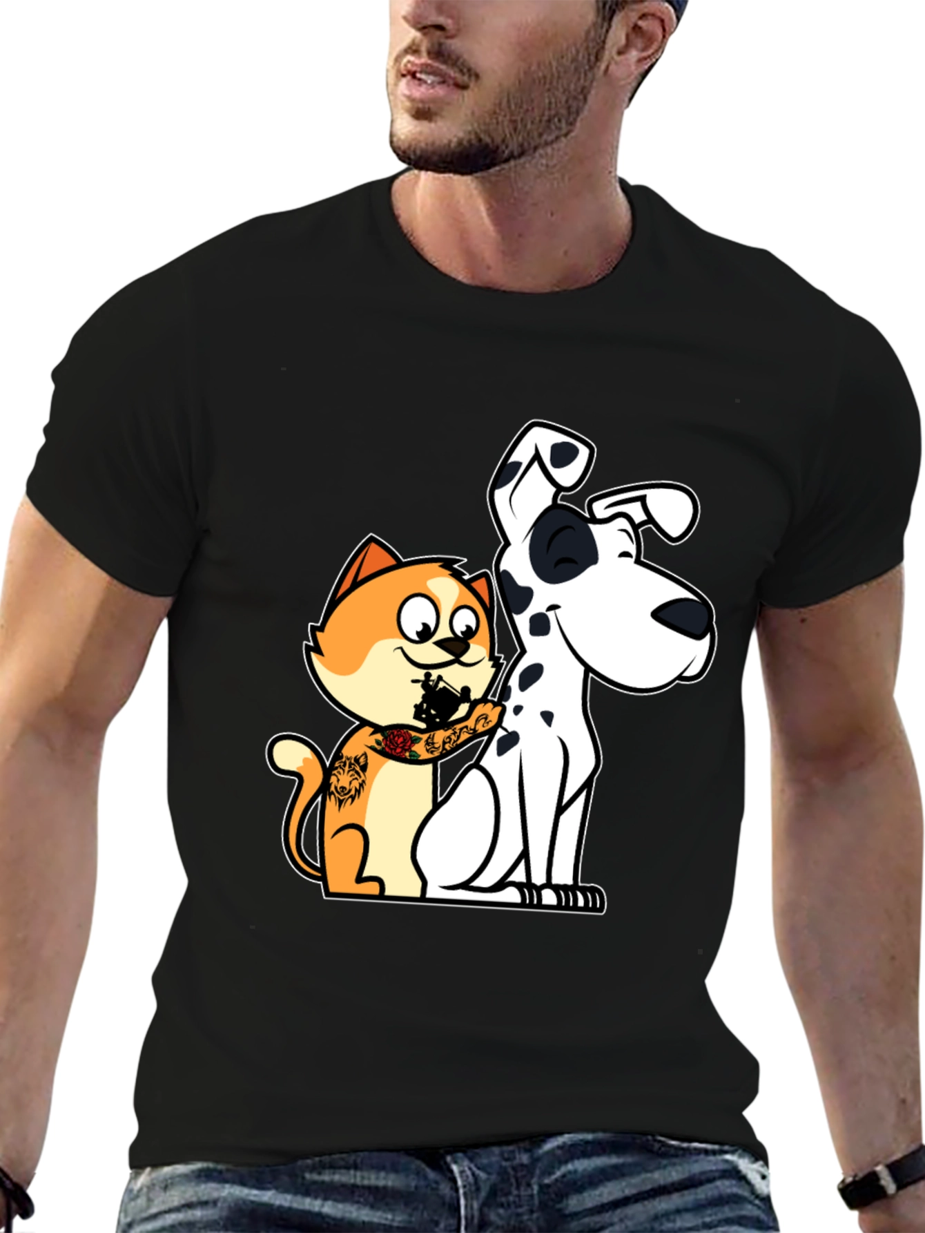 Cat Tattooing Dog Graphic T-Shirt
