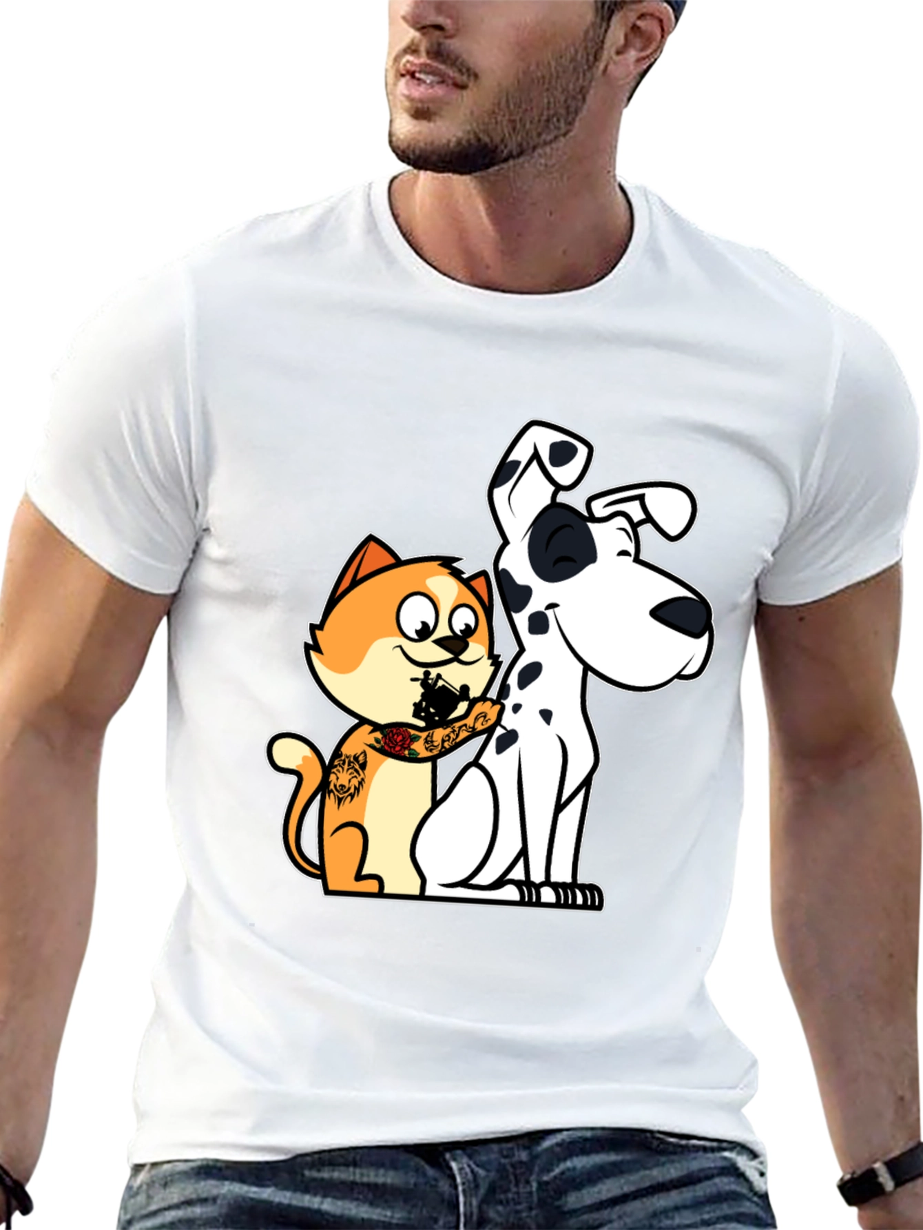 Cat Tattooing Dog Graphic T-Shirt