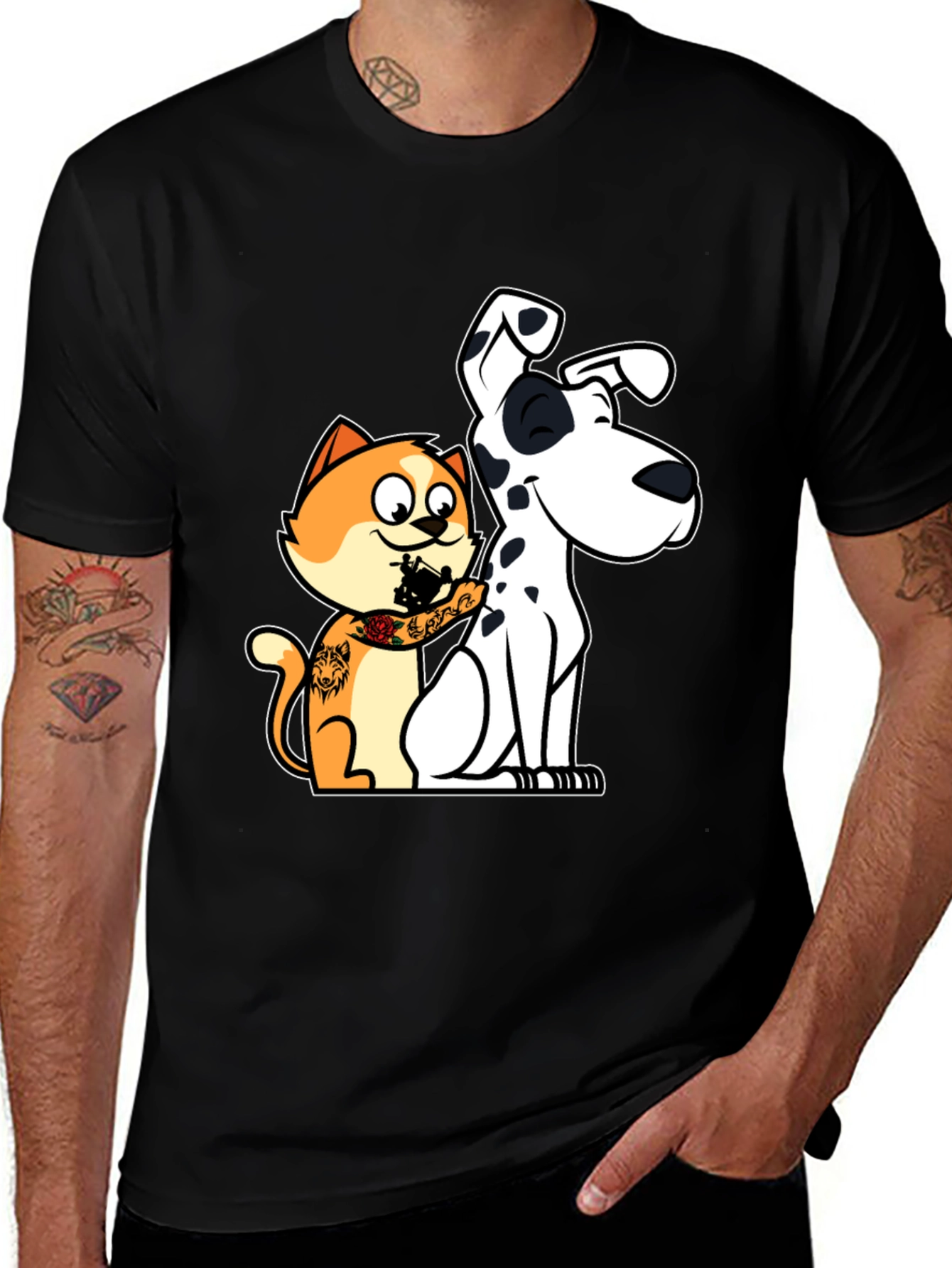 Cat Tattooing Dog Graphic T-Shirt
