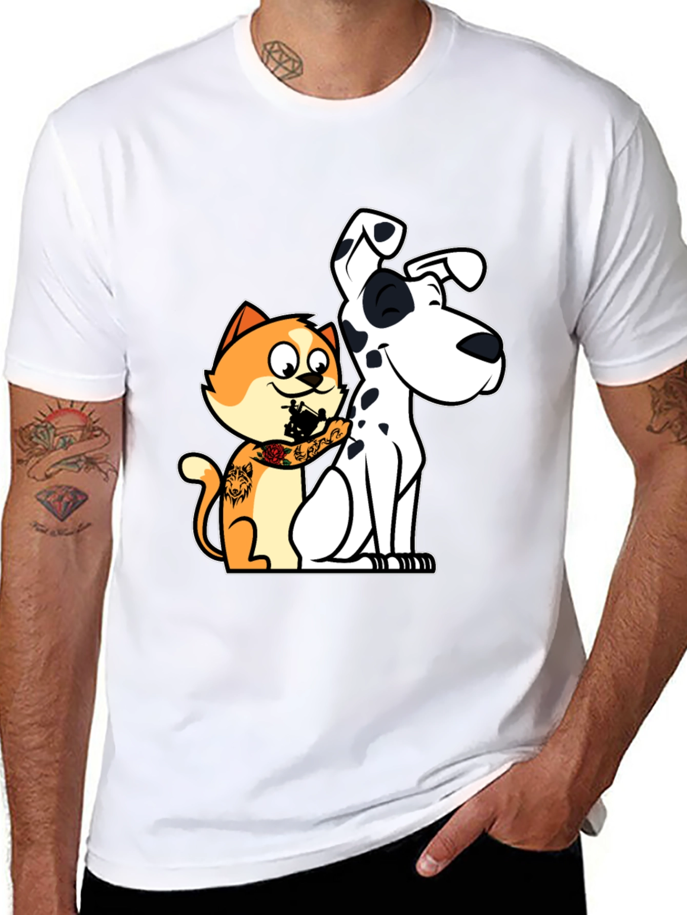 Cat Tattooing Dog Graphic T-Shirt
