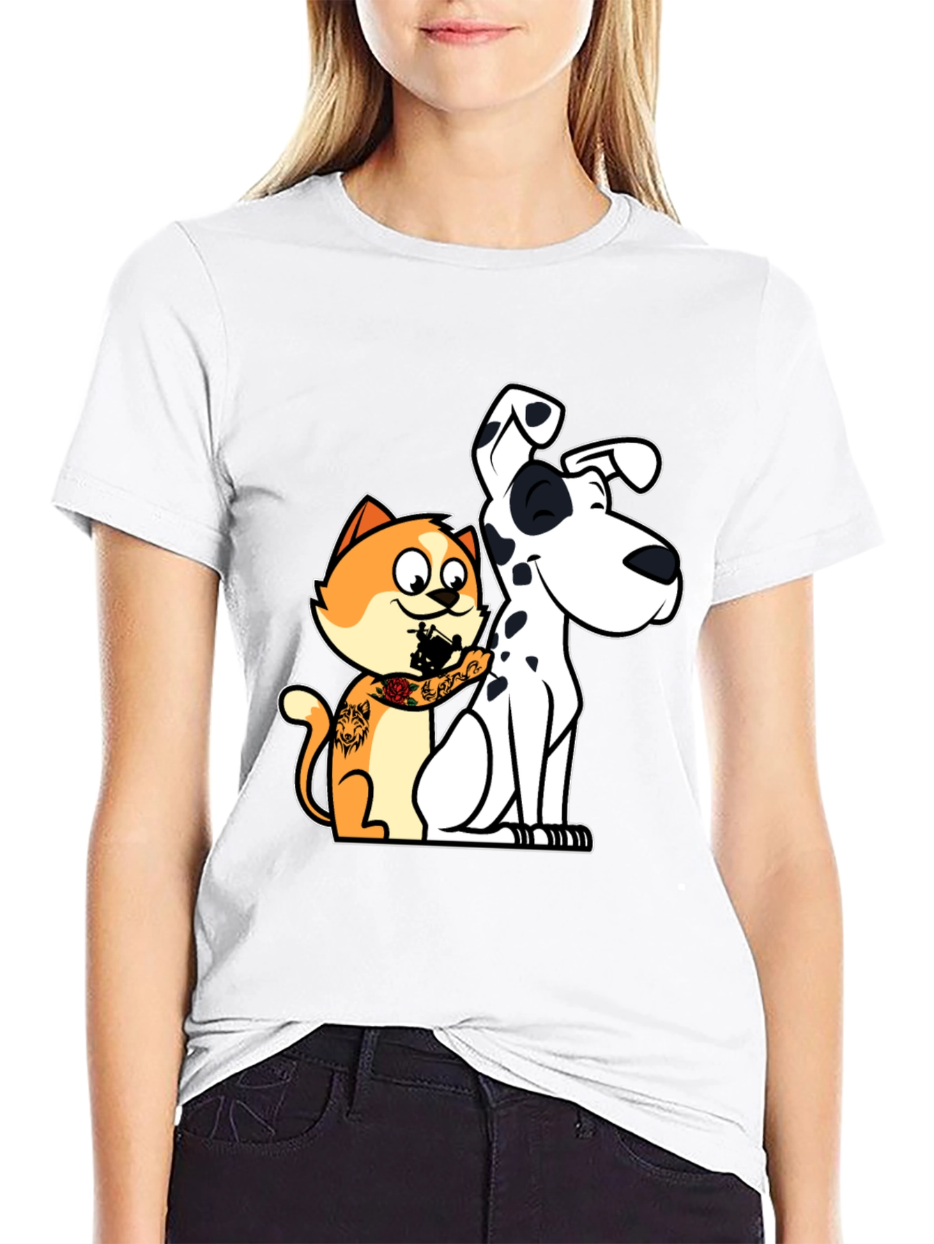 Cat Tattooing Dog Graphic T-Shirt