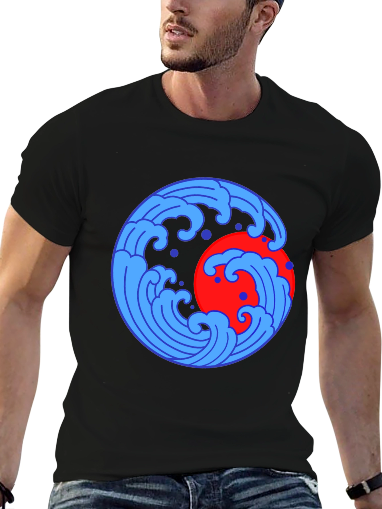 Ocean Wave and Sun Graphic Tee - Black