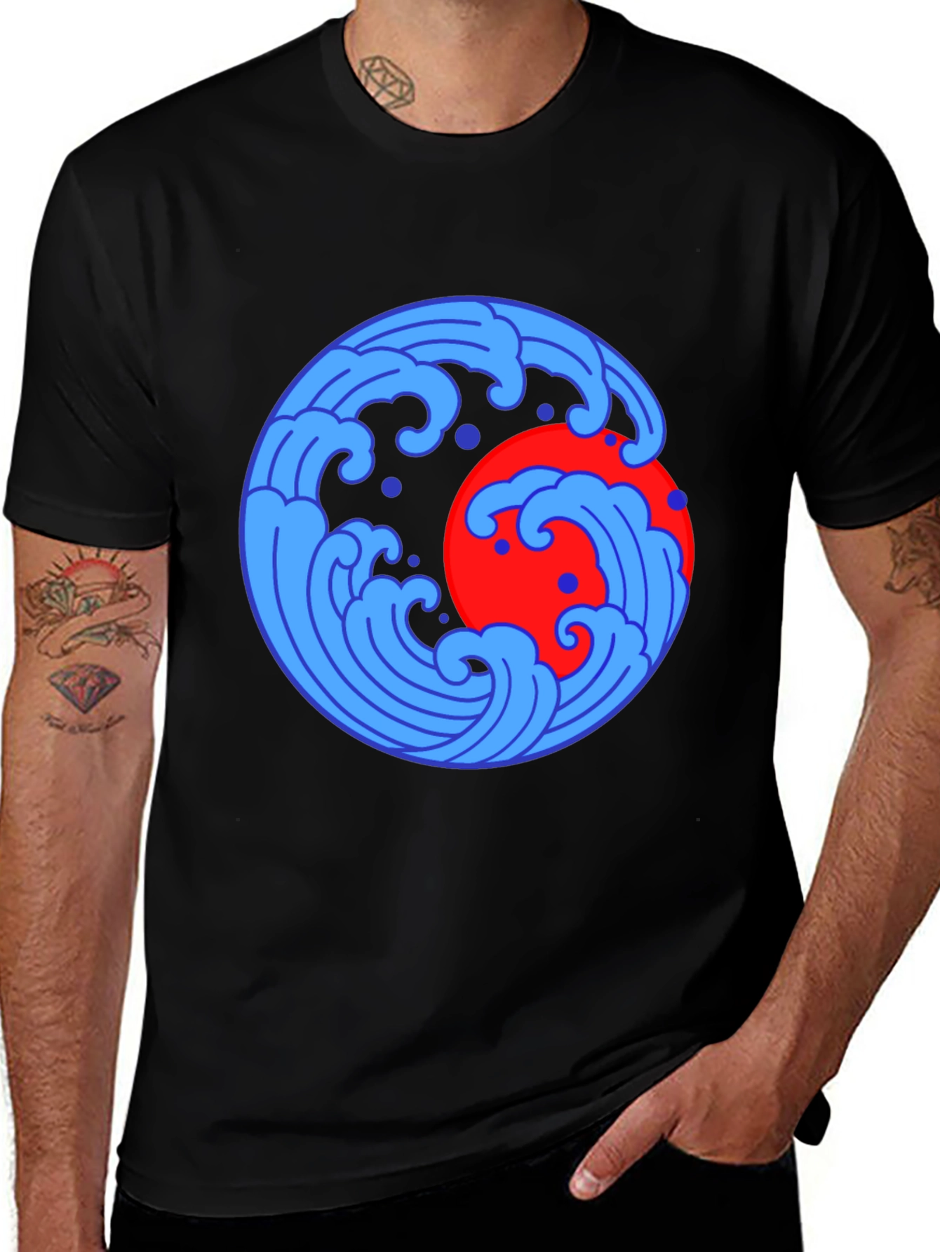 Ocean Wave and Sun Graphic Tee - Black