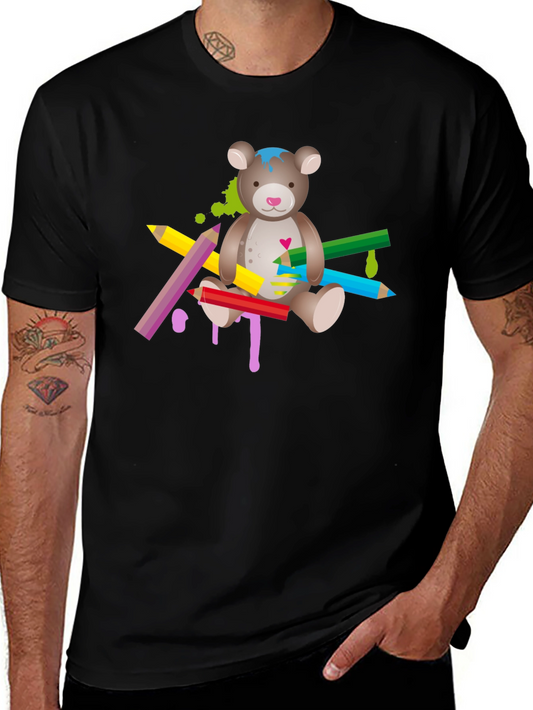 Cute Teddy Bear & Colorful Pencils Graphic T-Shirt - Unisex