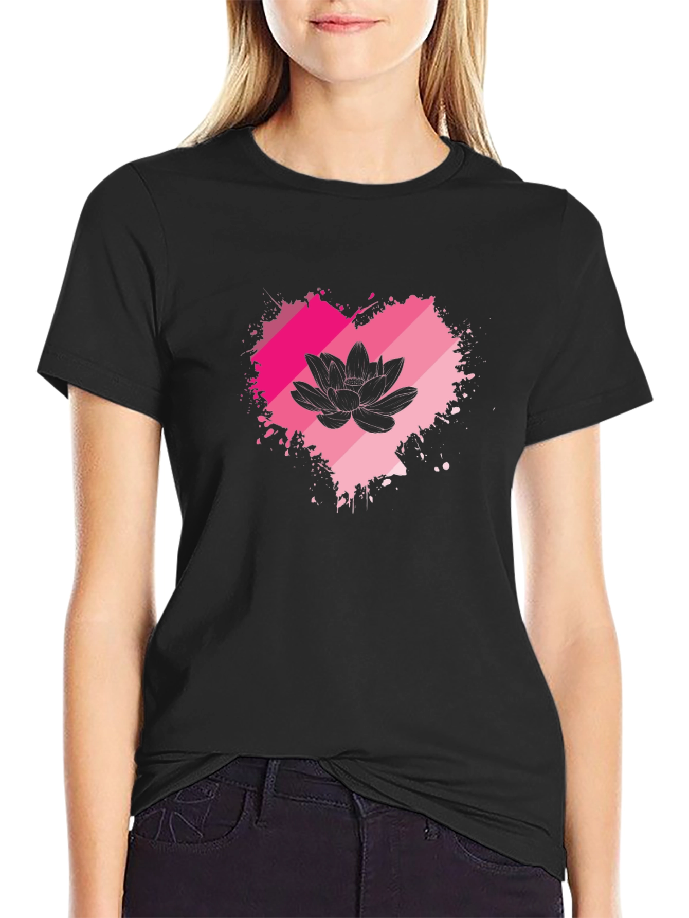 Lotus Heart Graphic Tee - Black Cotton Blend