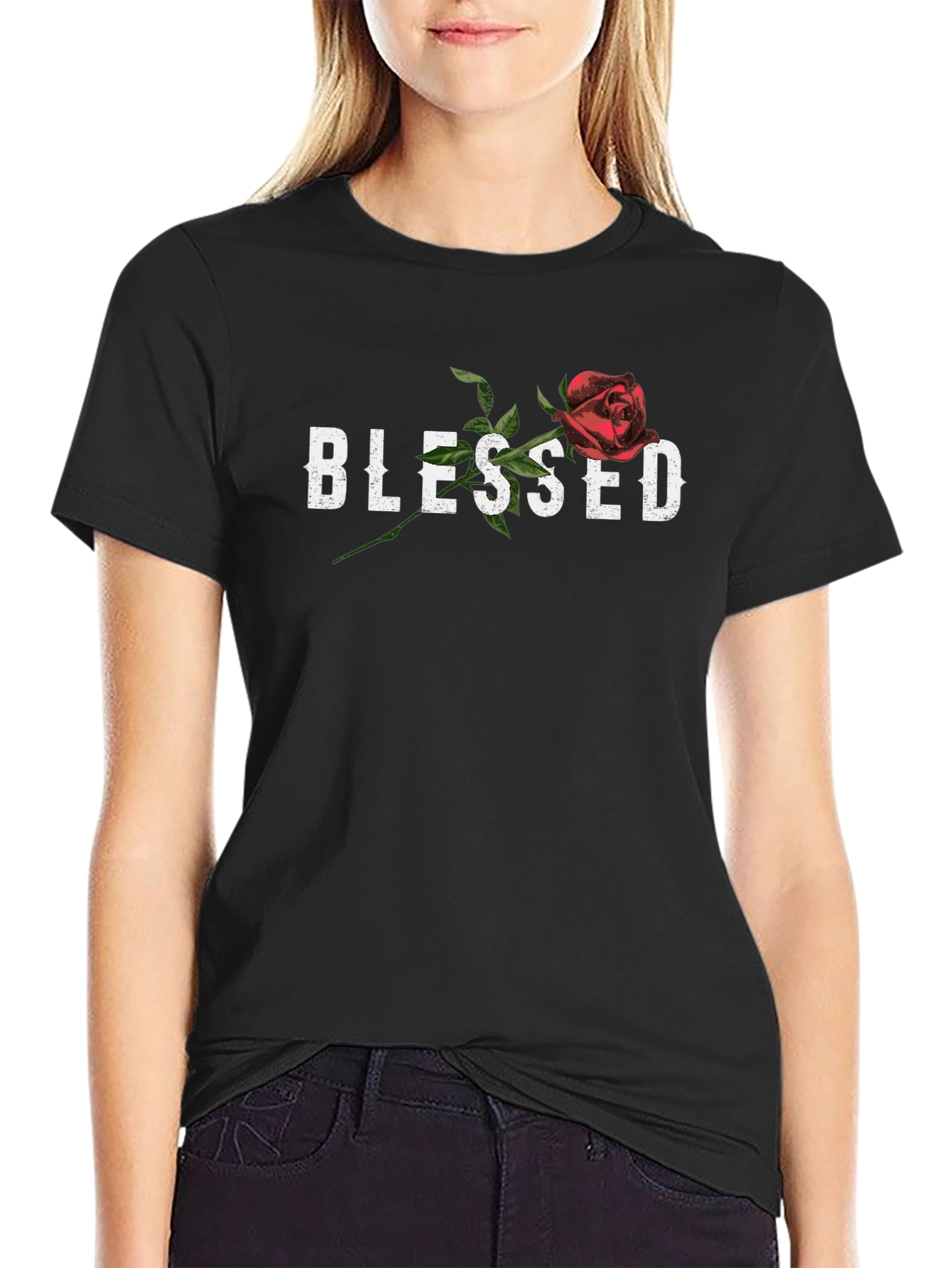 Blessed Rose Graphic Print T-Shirt - Black