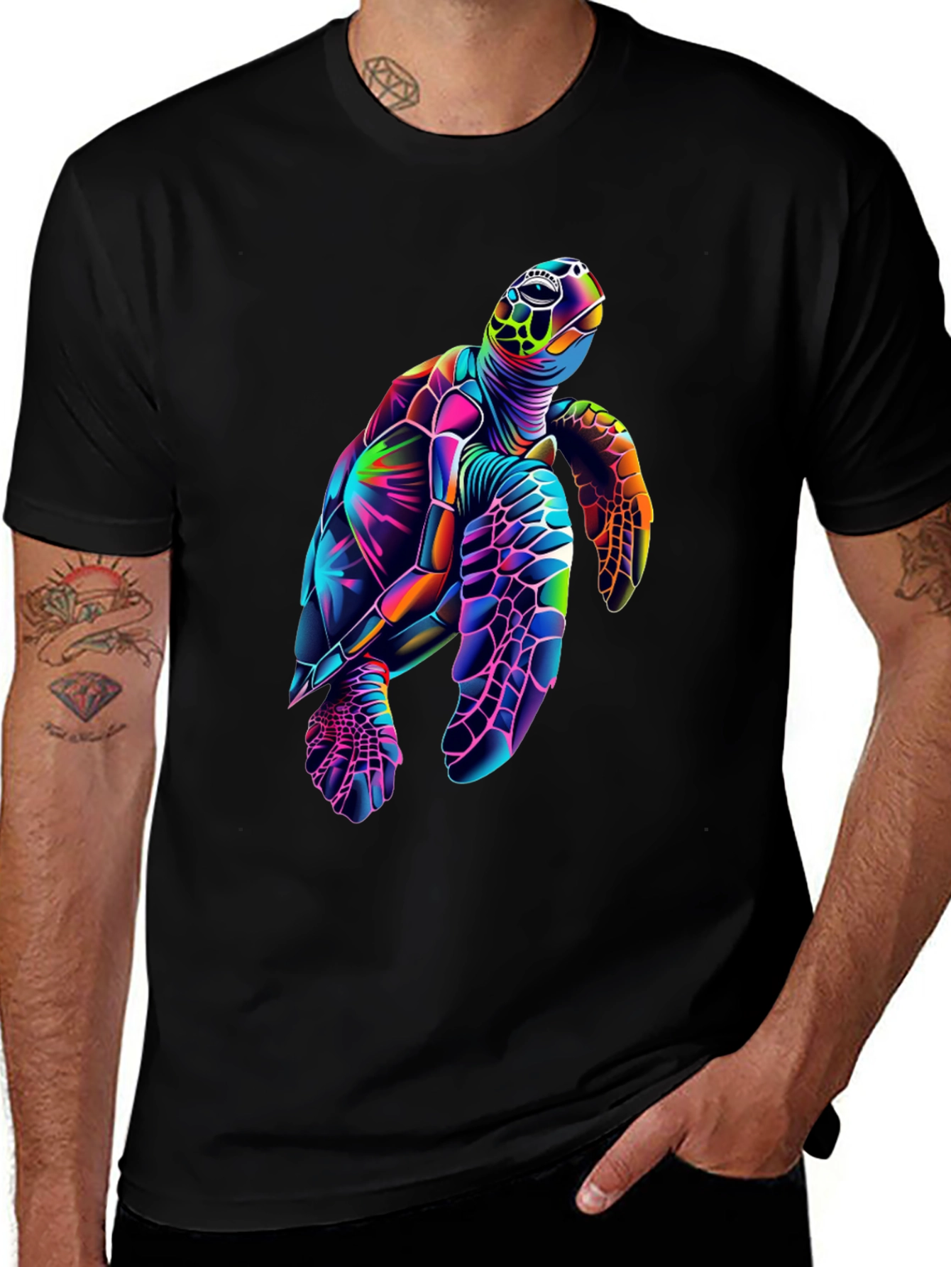 Vibrant Sea Turtle Graphic Tee - Black Cotton Blend