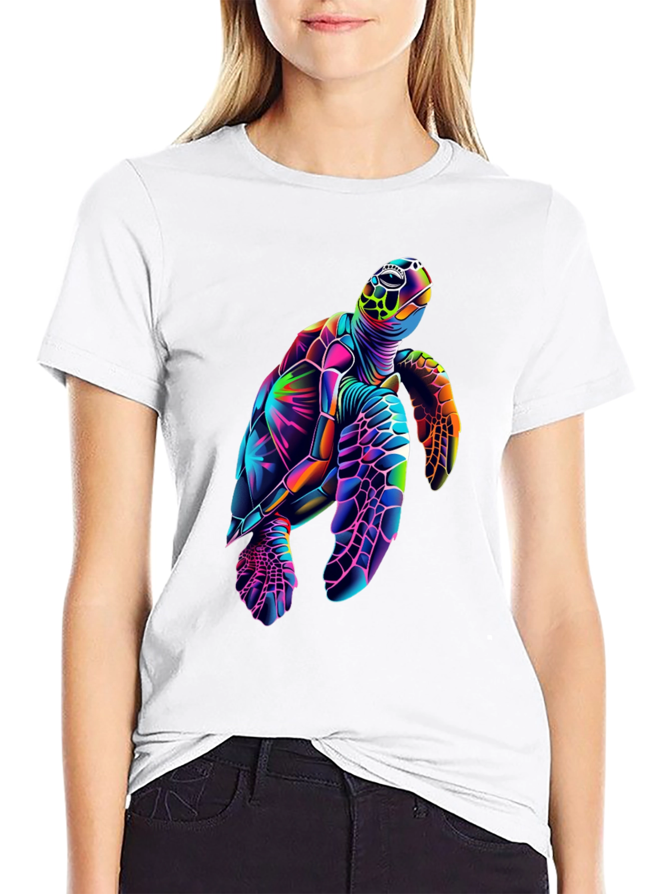 Vibrant Sea Turtle Graphic Tee - Black Cotton Blend