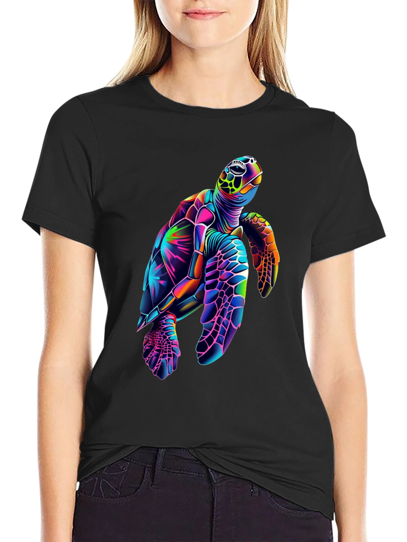 Vibrant Sea Turtle Graphic Tee - Black Cotton Blend