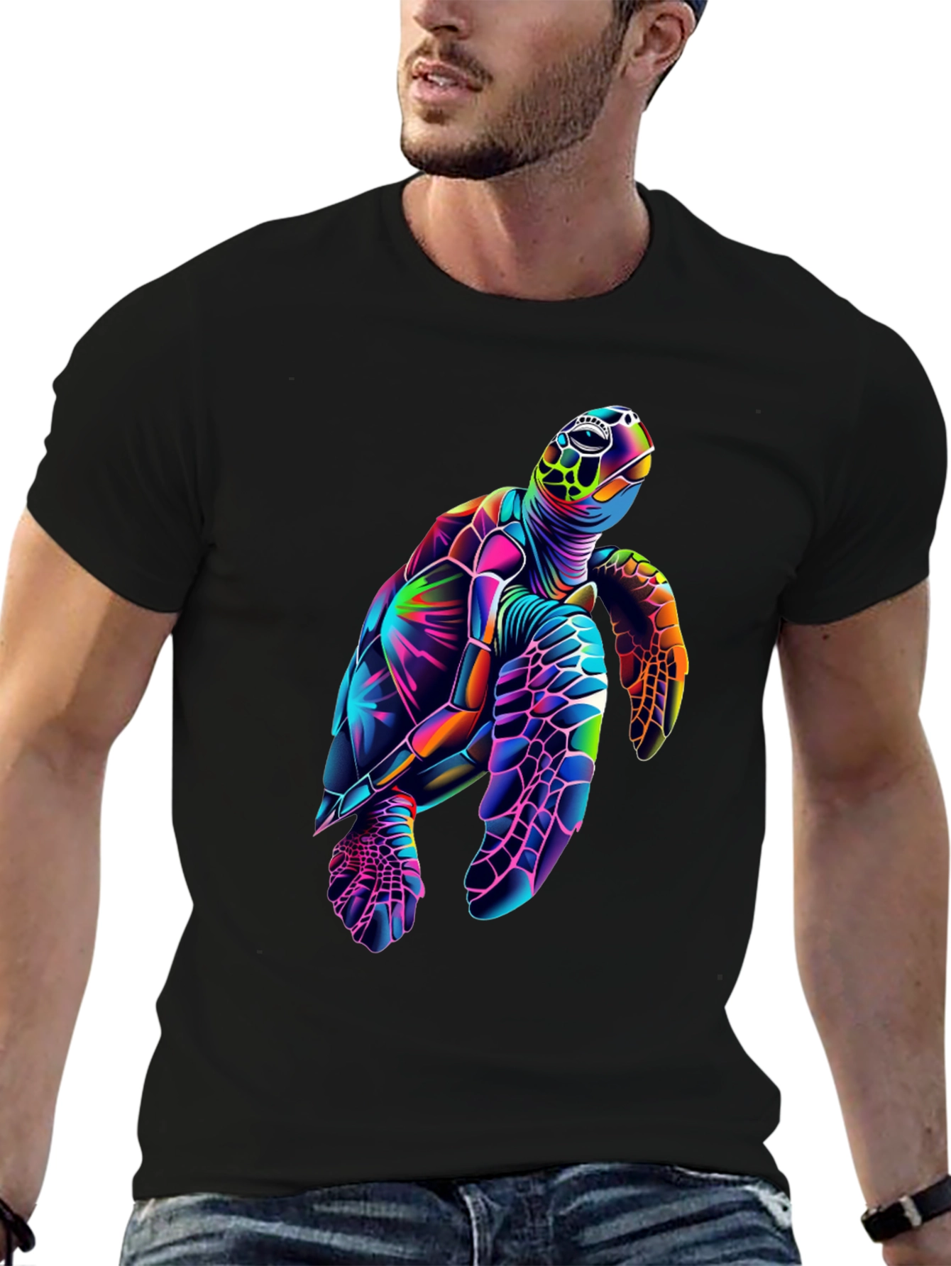Vibrant Sea Turtle Graphic Tee - Black Cotton Blend