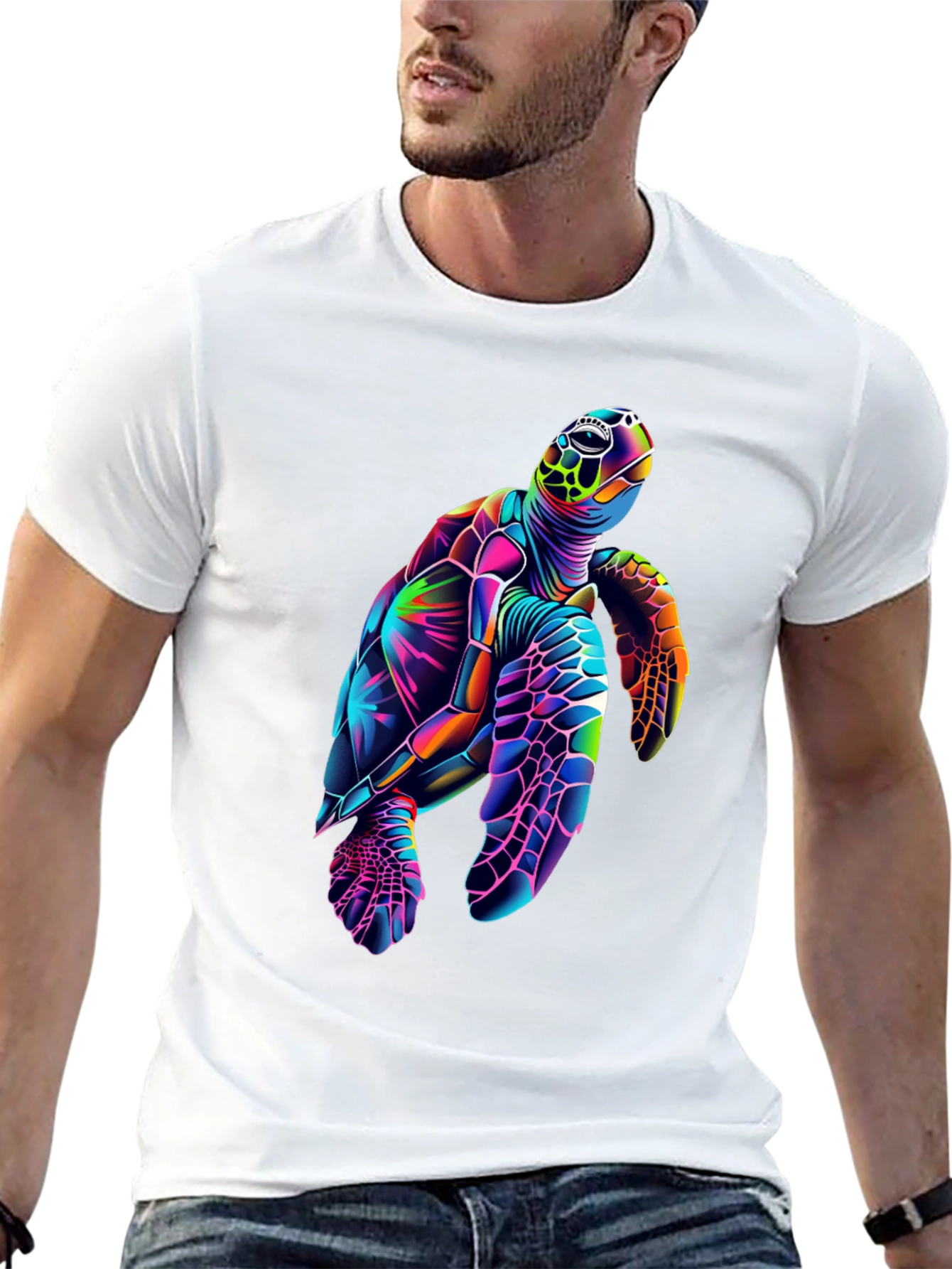 Vibrant Sea Turtle Graphic Tee - Black Cotton Blend