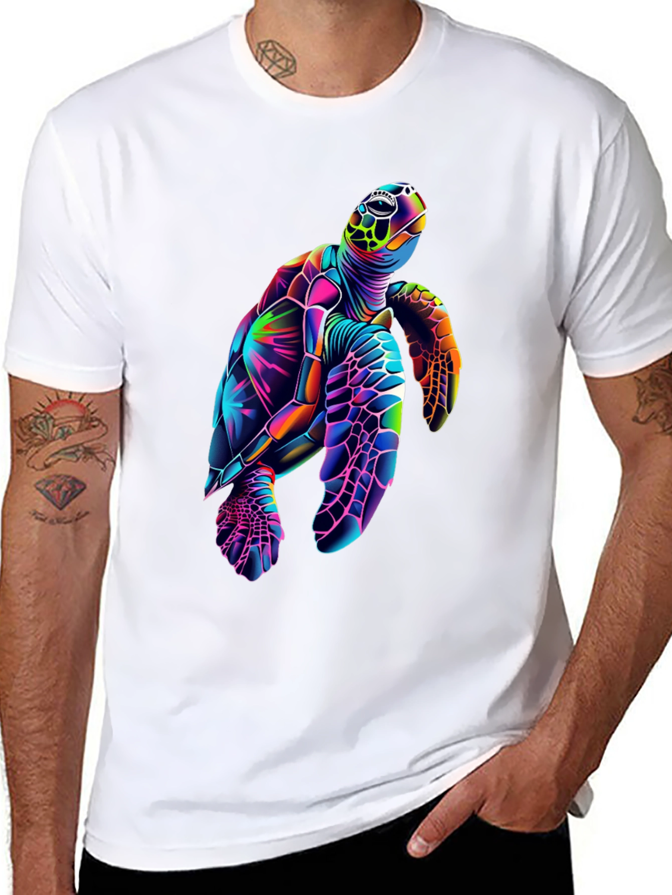 Vibrant Sea Turtle Graphic Tee - Black Cotton Blend