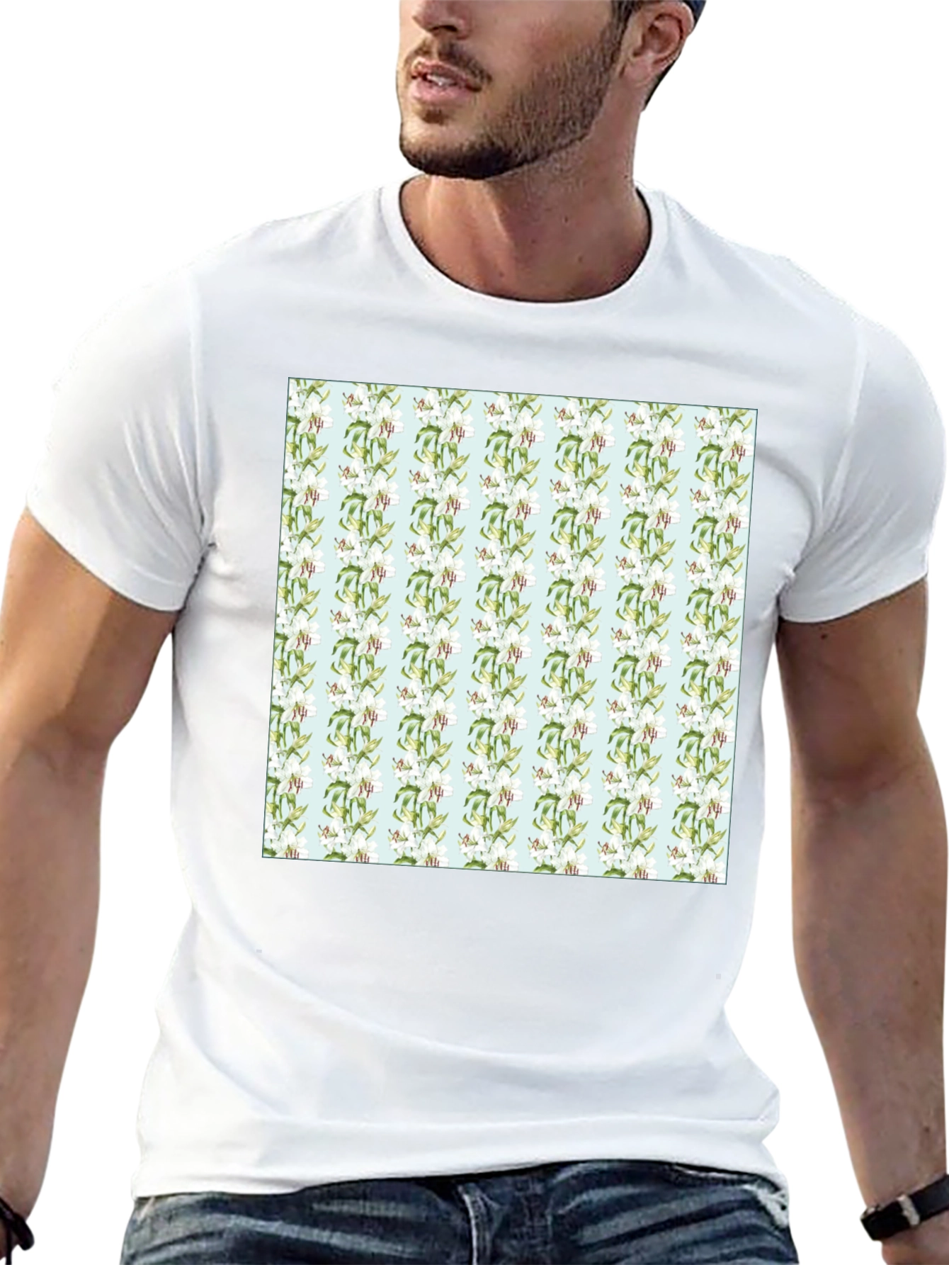Floral Pattern Mens Black Tee