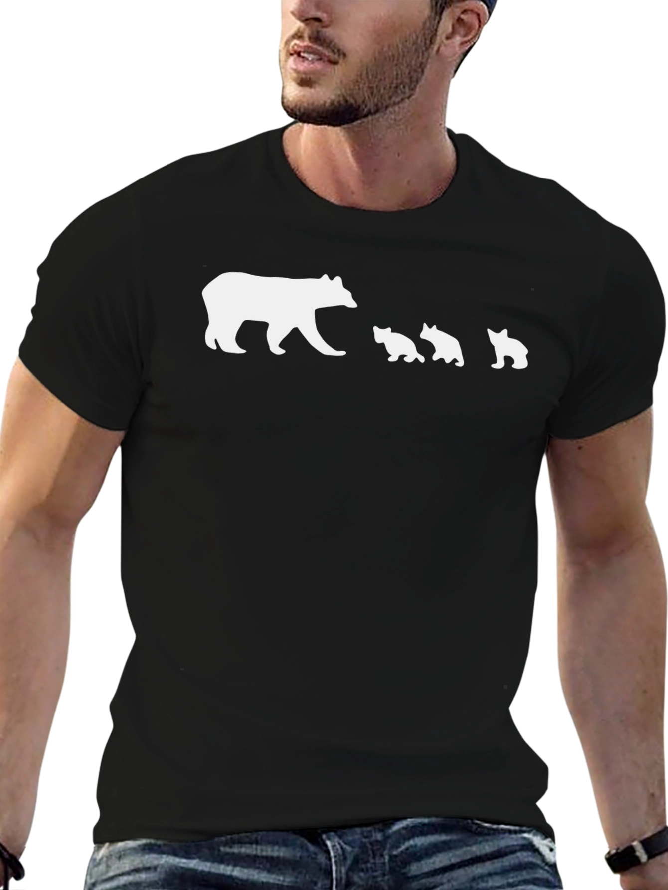 Bear Family Graphic Tee - Black Cotton T-Shirt