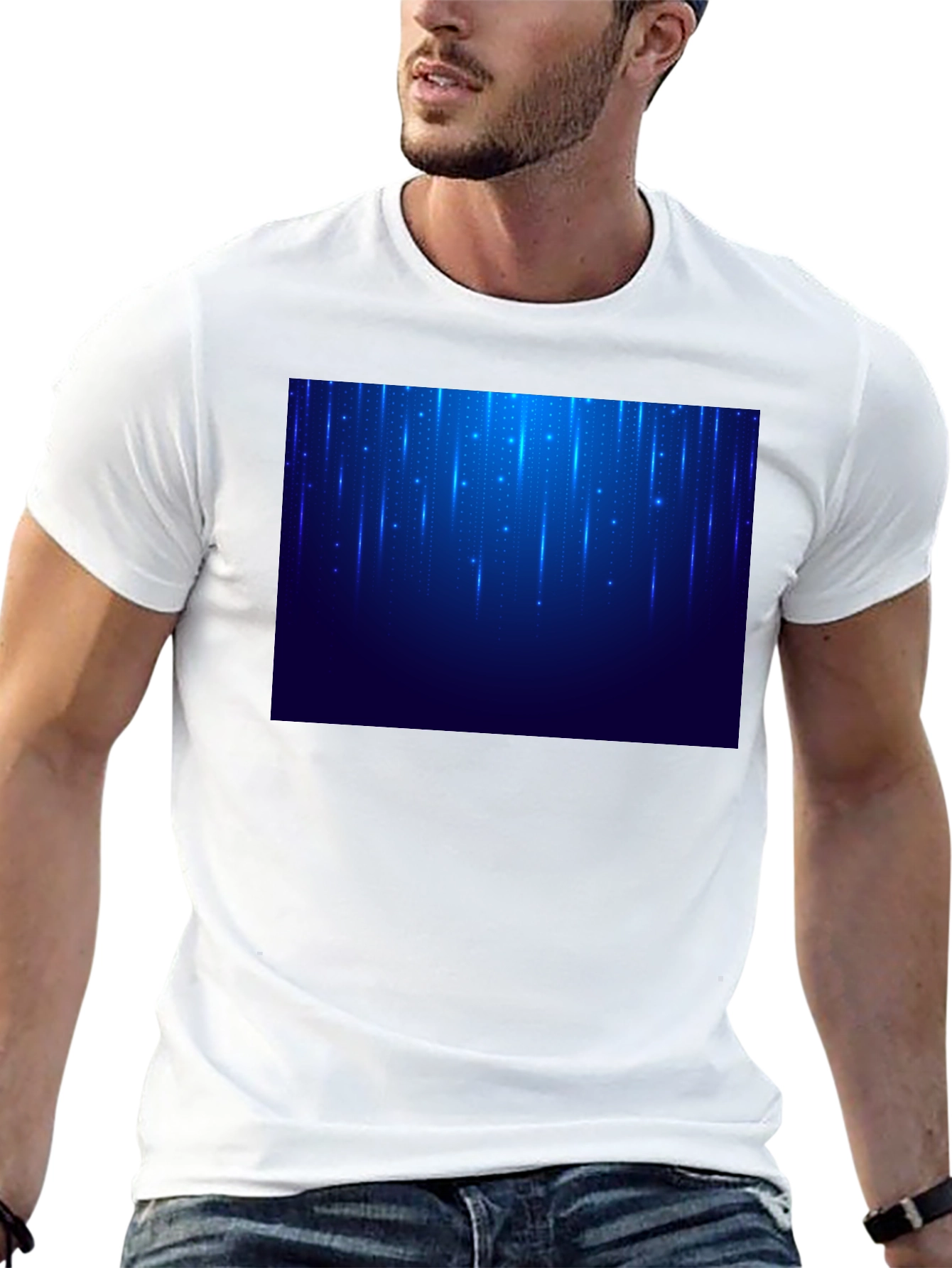 Mens Black T-Shirt with Blue Light Design