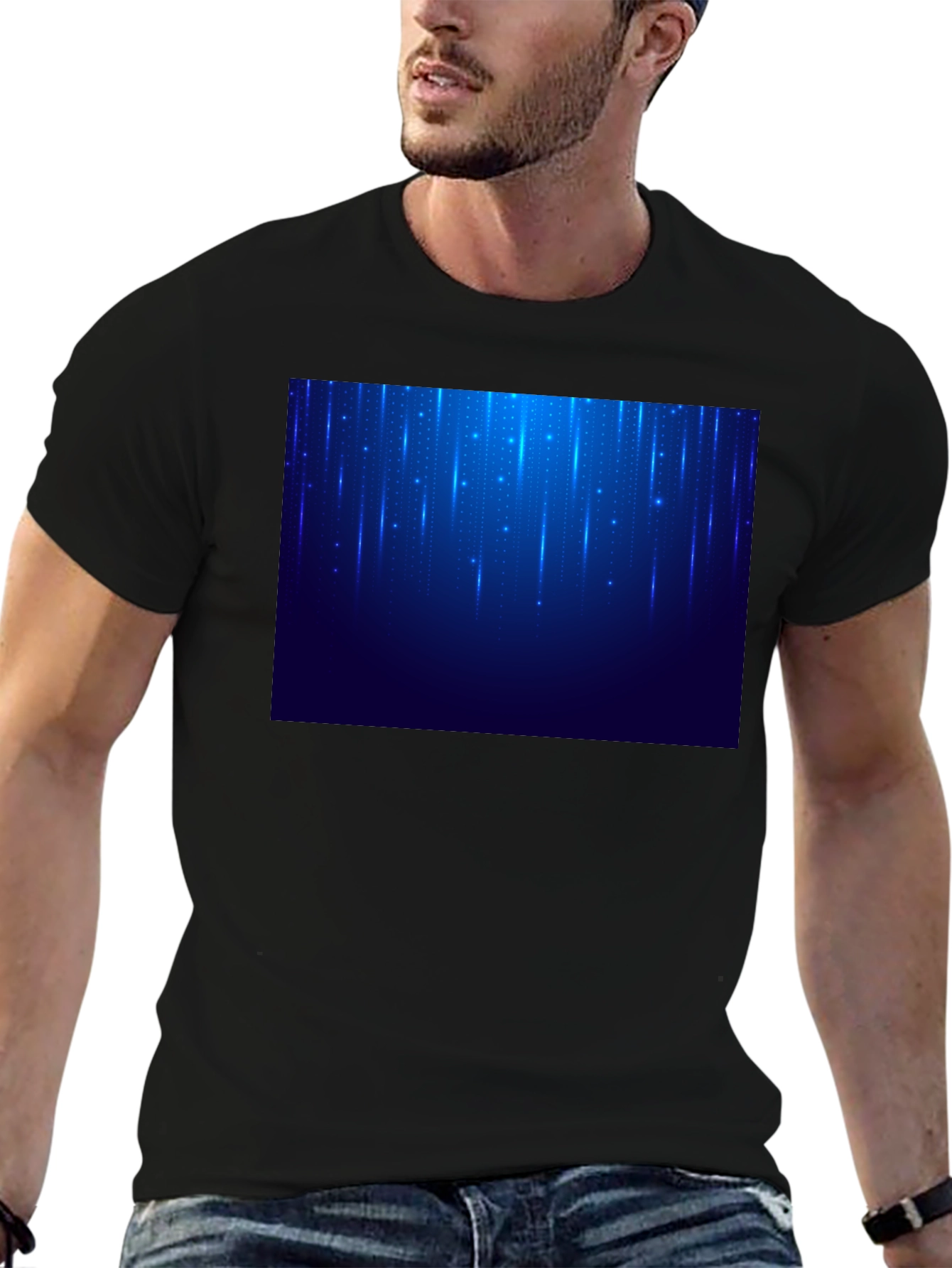 Mens Black T-Shirt with Blue Light Design